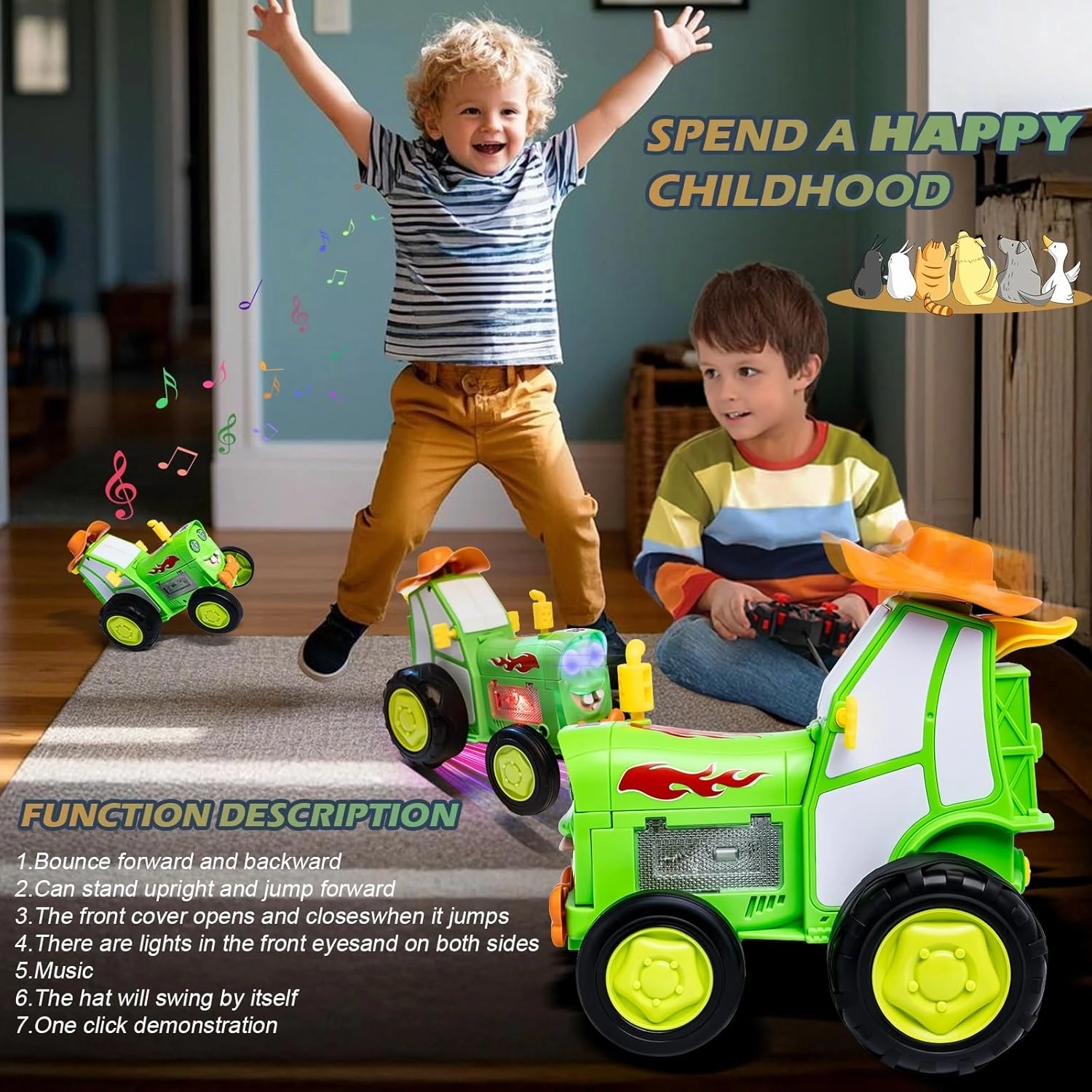 2025 Crazy Jumping Car Toys- Toy Cars Remote Control Truck with Light & Music, Dinosaur Toys for Kids, Scale RC Truck with 360° Spins and Drifting, Toys for Ages 4-8 (Green)