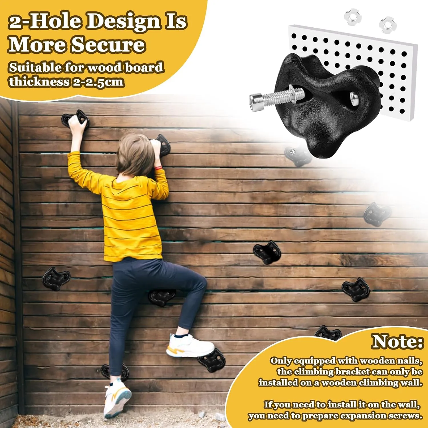 20PCS Rock Climbing Holds,Hard Plastic Rock Climbing Wall for Kids,Extra Large Climbing Rock Wall Grips with Mounting Hardware and Wrench for Indoor Outdoor Playground,Installed on Wooden Board,Black
