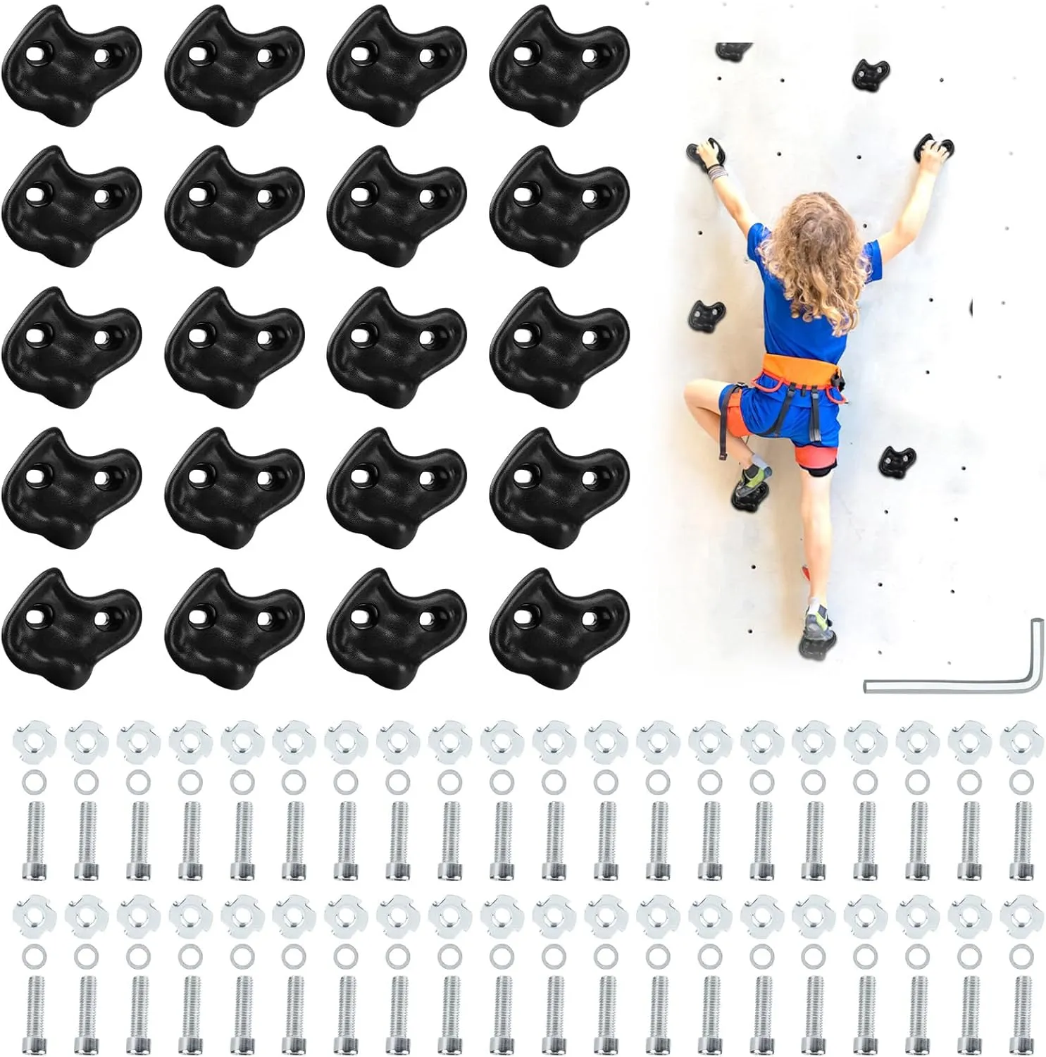 20PCS Rock Climbing Holds,Hard Plastic Rock Climbing Wall for Kids,Extra Large Climbing Rock Wall Grips with Mounting Hardware and Wrench for Indoor Outdoor Playground,Installed on Wooden Board,Black