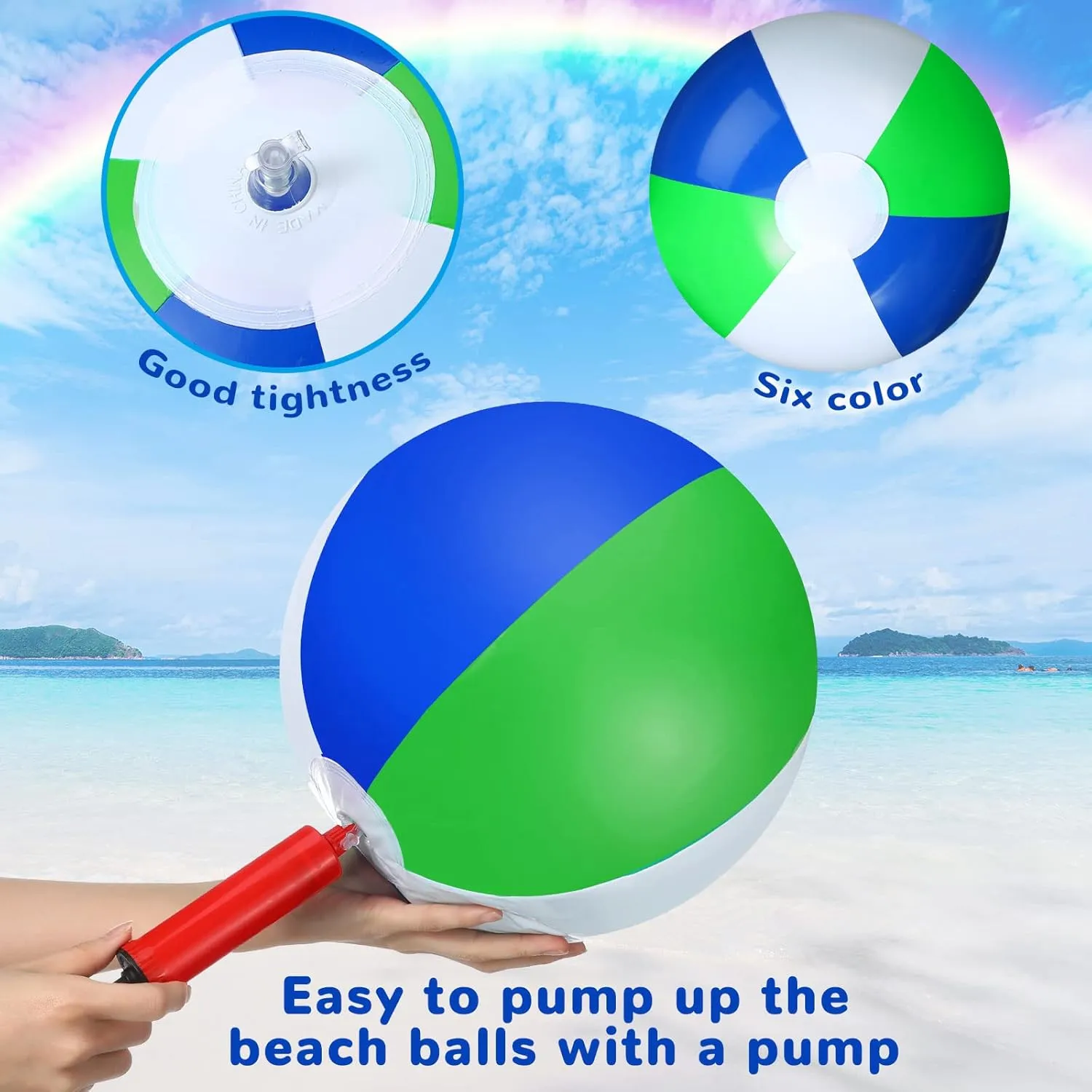 24 Pack 16 Inches Inflatable Beach Ball Kids and Adults Blow up Rainbow Colored Beach Ball for Beach Pool Party Favors School Water Games Toys Summer Supplies (Blue, Green, White)