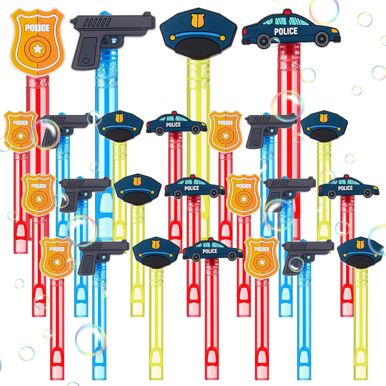 24 Pieces Police Themed Bubble Wands Bulk for Kids Mini Bubble Wands Gift Party Favors for Summer Baby Shower Birthday Police Themed Toys Supplies Bag Stuffers, 4 Styles