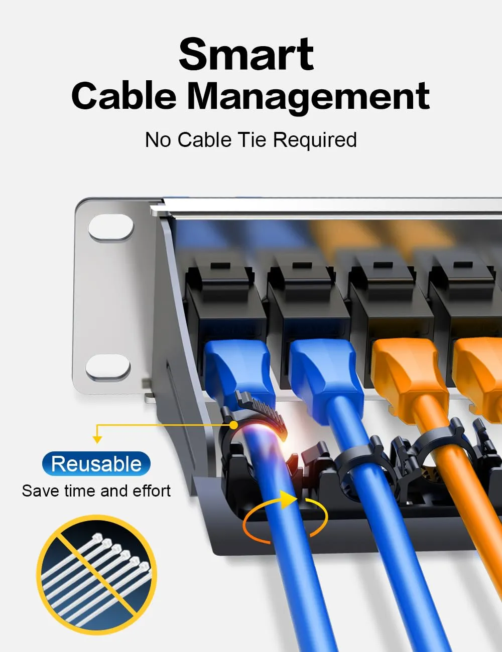 24 Port Patch Panel Cat6A Keystone Patch Panel Shielded Network Patch Panel with Smart Cable(No Cable Tie Required) Management for 19inch Rackmount, BLACK