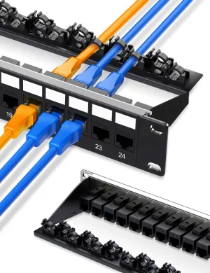 24 Port Patch Panel Cat6A Keystone Patch Panel Shielded Network Patch Panel with Smart Cable(No Cable Tie Required) Management for 19inch Rackmount, BLACK