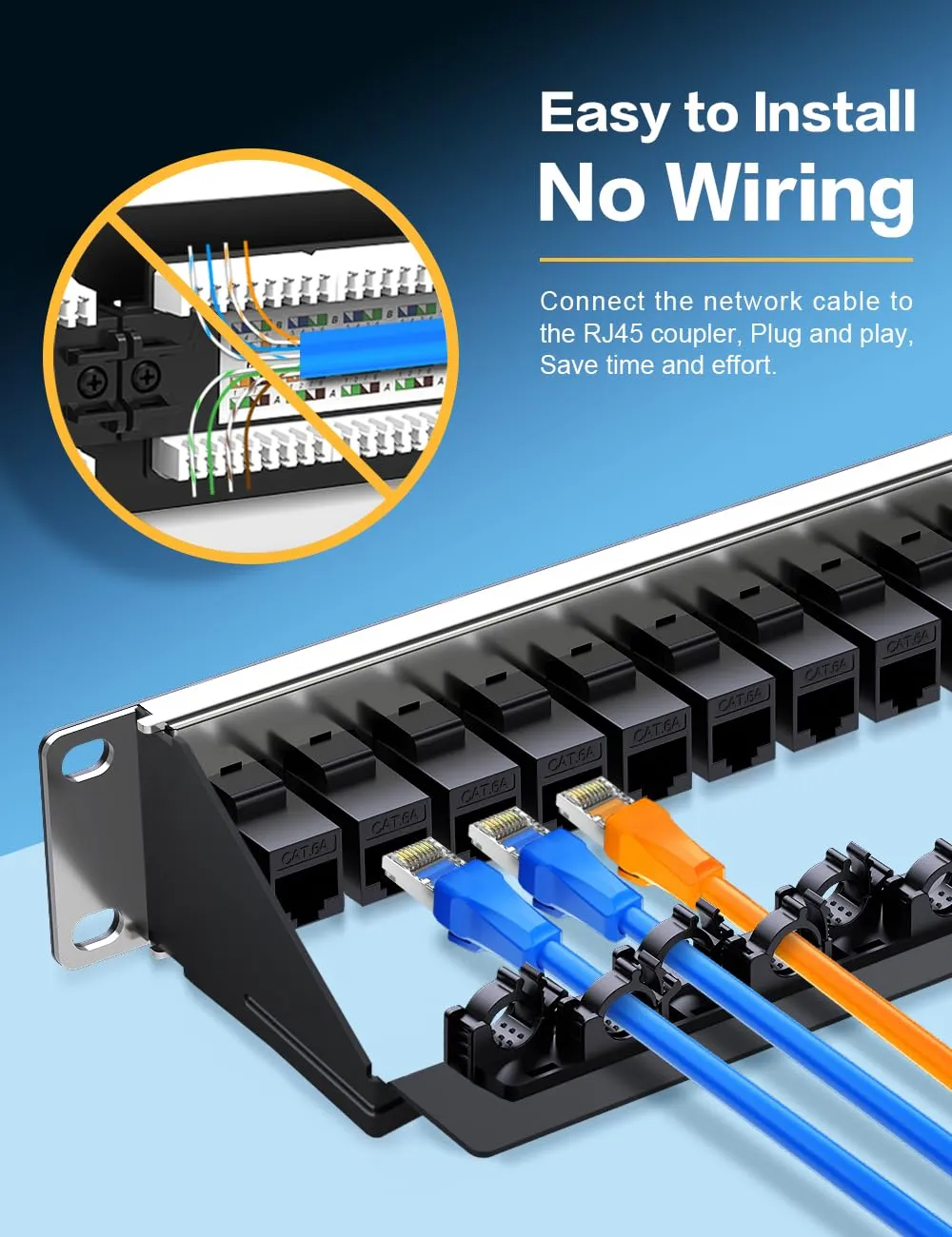 24 Port Patch Panel Cat6A Keystone Patch Panel Shielded Network Patch Panel with Smart Cable(No Cable Tie Required) Management for 19inch Rackmount, BLACK
