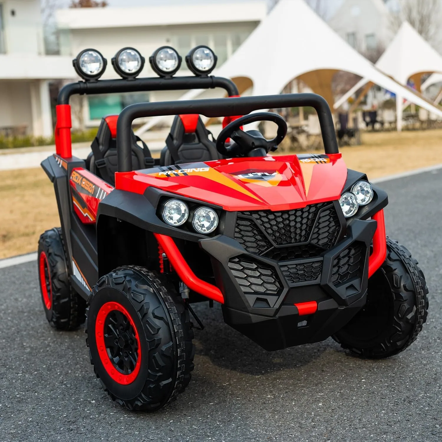24V 2-Seater Kids Ride-On UTV, 4WD Electric Car with Parent Remote Control, 4x200W Motor, Spring Suspension, LED Headlights & Searchlights, Bluetooth Music, 3-Speed, New Edition, Red