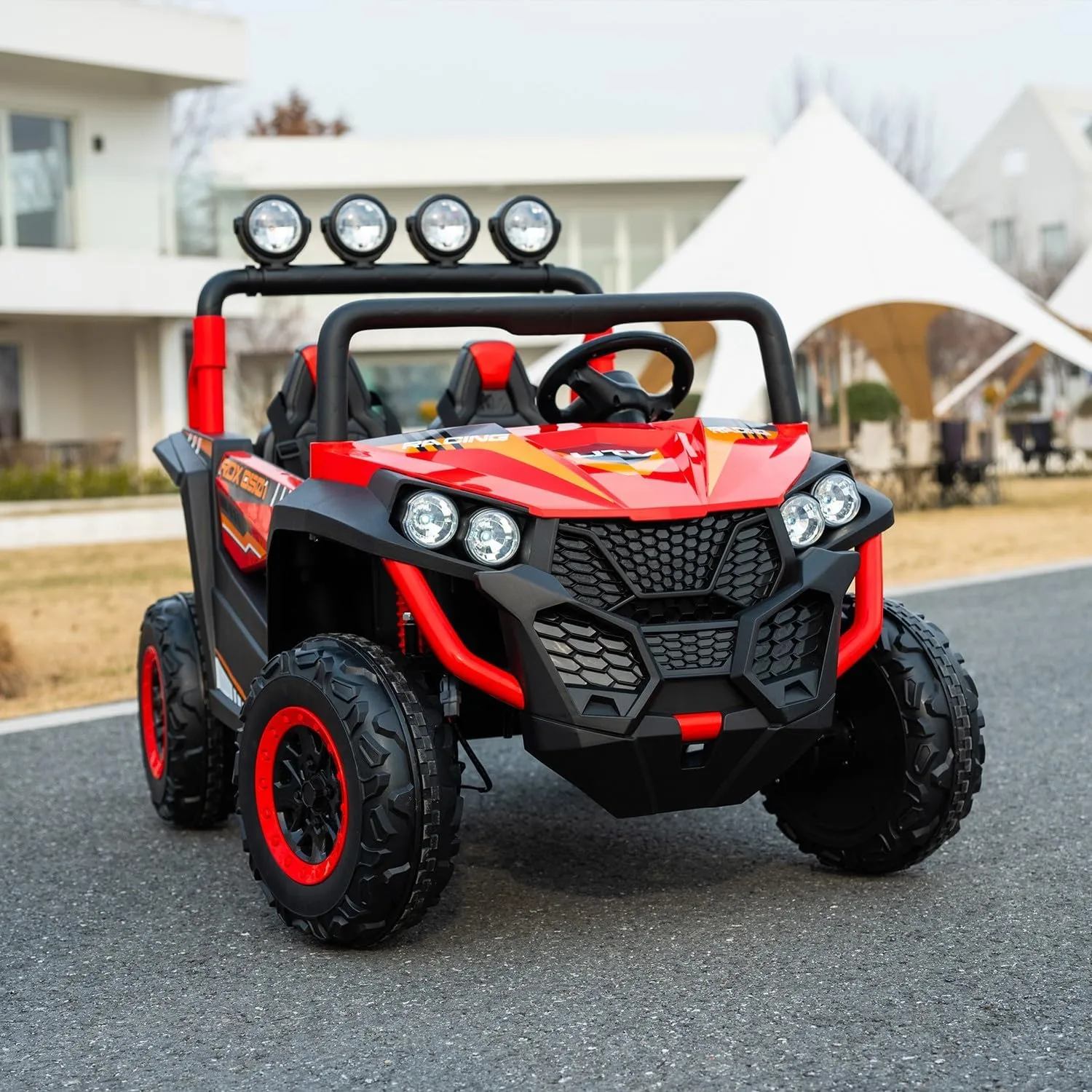 24V 2-Seater Kids Ride-On UTV, 4WD Electric Car with Parent Remote Control, 4x200W Motor, Spring Suspension, LED Headlights & Searchlights, Bluetooth Music, 3-Speed, New Edition, Red