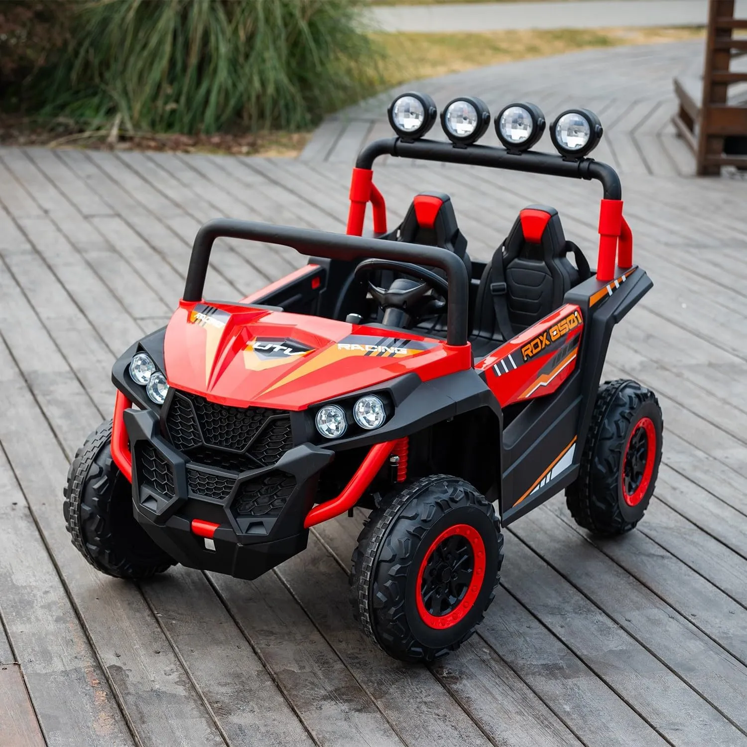 24V 2-Seater Kids Ride-On UTV, 4WD Electric Car with Parent Remote Control, 4x200W Motor, Spring Suspension, LED Headlights & Searchlights, Bluetooth Music, 3-Speed, New Edition, Red