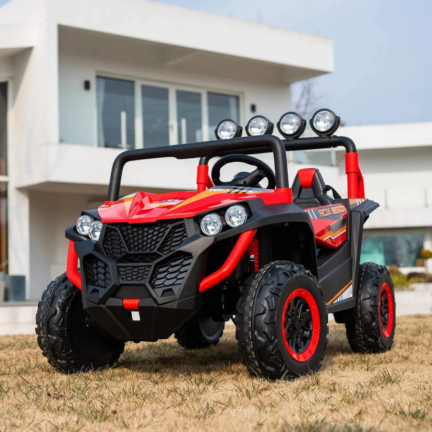 24V 2-Seater Kids Ride-On UTV, 4WD Electric Car with Parent Remote Control, 4x200W Motor, Spring Suspension, LED Headlights & Searchlights, Bluetooth Music, 3-Speed, New Edition, Red