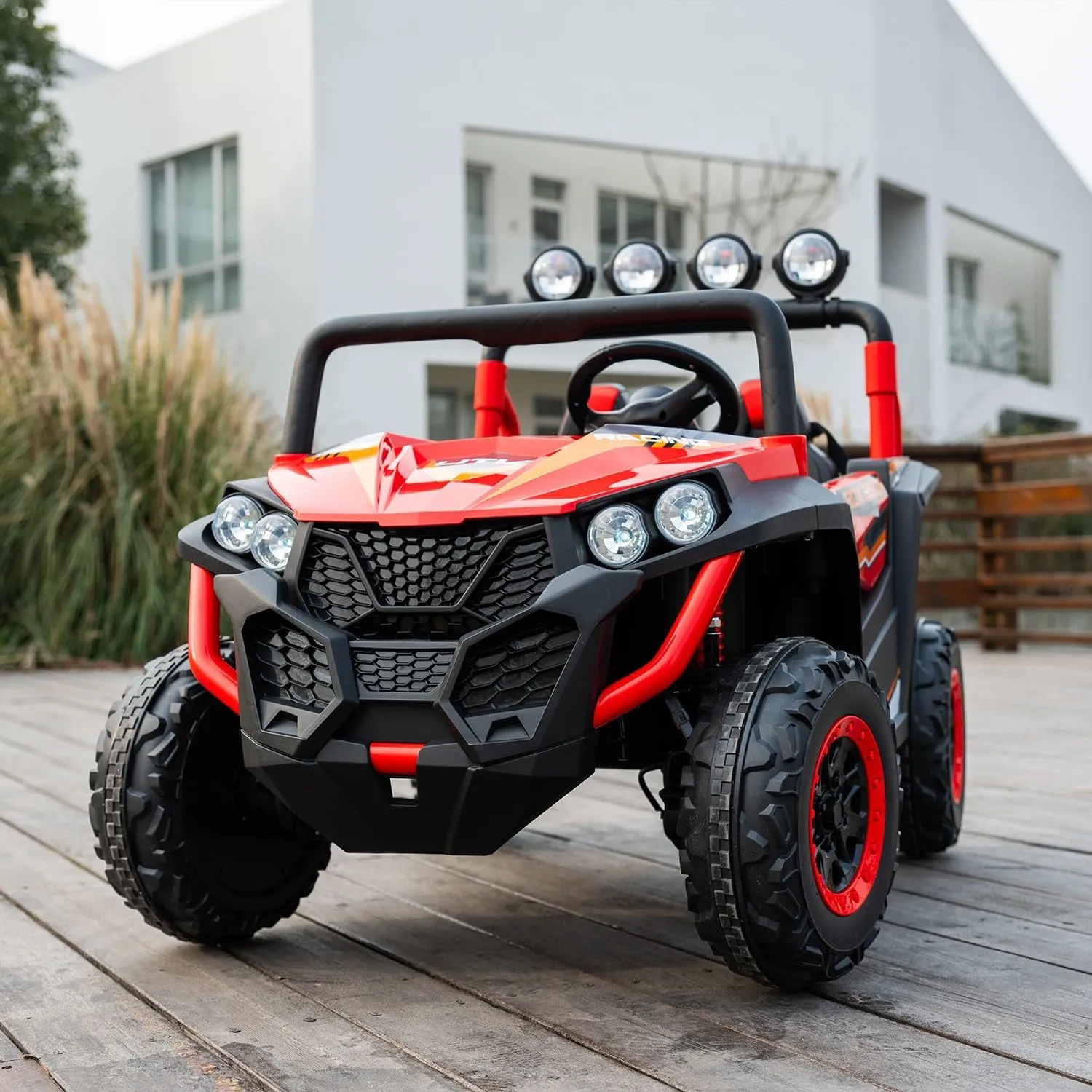24V 2-Seater Kids Ride-On UTV, 4WD Electric Car with Parent Remote Control, 4x200W Motor, Spring Suspension, LED Headlights & Searchlights, Bluetooth Music, 3-Speed, New Edition, Red