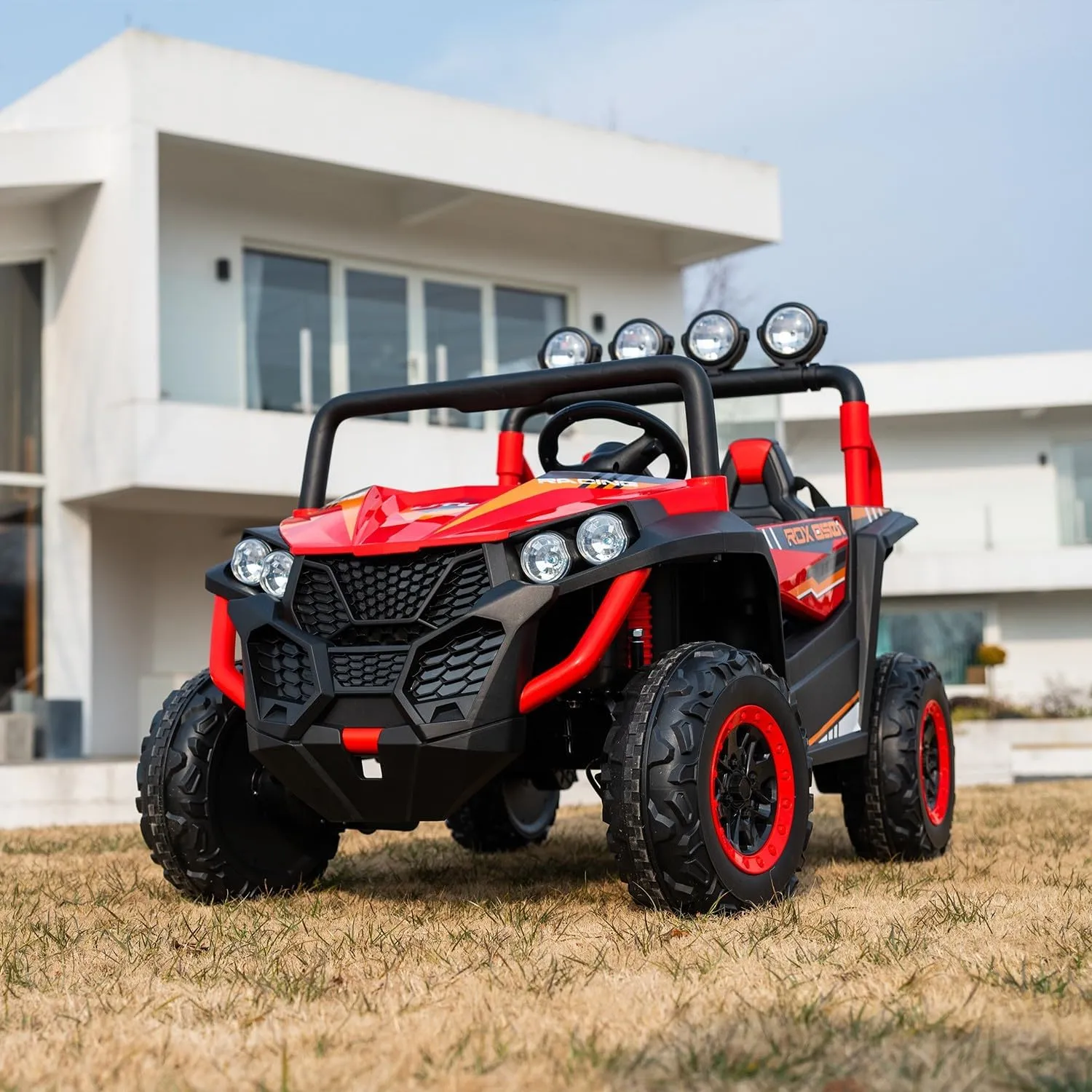 24V 2-Seater Kids Ride-On UTV, 4WD Electric Car with Parent Remote Control, 4x200W Motor, Spring Suspension, LED Headlights & Searchlights, Bluetooth Music, 3-Speed, New Edition, Red