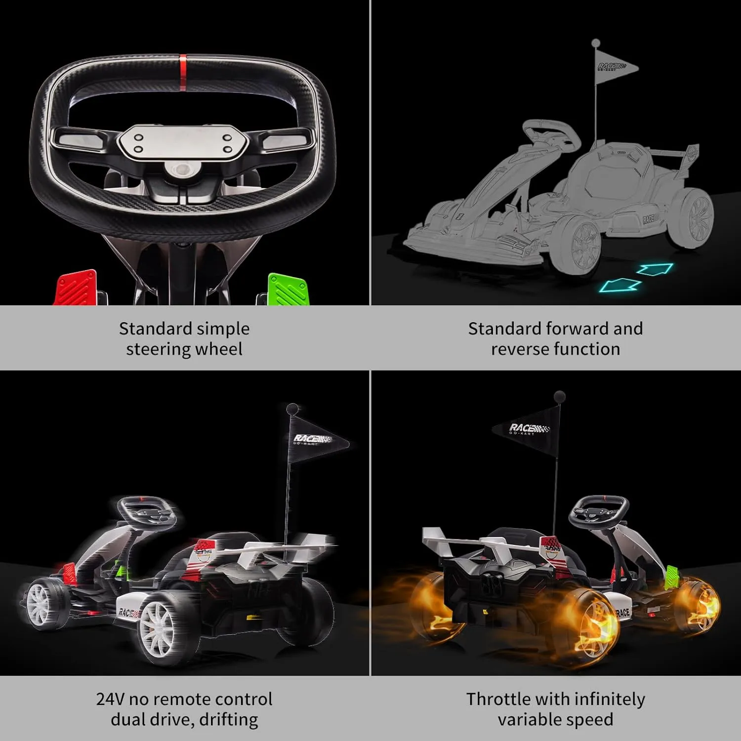24V Electric Drift Kart for Kids, Ride Car with Adjustable Seat & 8.5MPH Speed, EVA Silent Wheels, Parent-Safety Certified Ride-On Toy