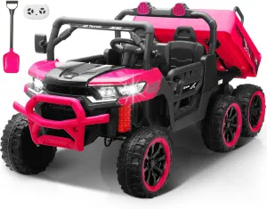 24V Two Seater Kids Ride on Dump Truck, Ride on Truck Car w/Remote Control, Electric Dump Bed, Extra Shovel, 4X100W Motor, Music, Wireless, LED Light, 4WD Ride on Toys Boy Girl (Pink)