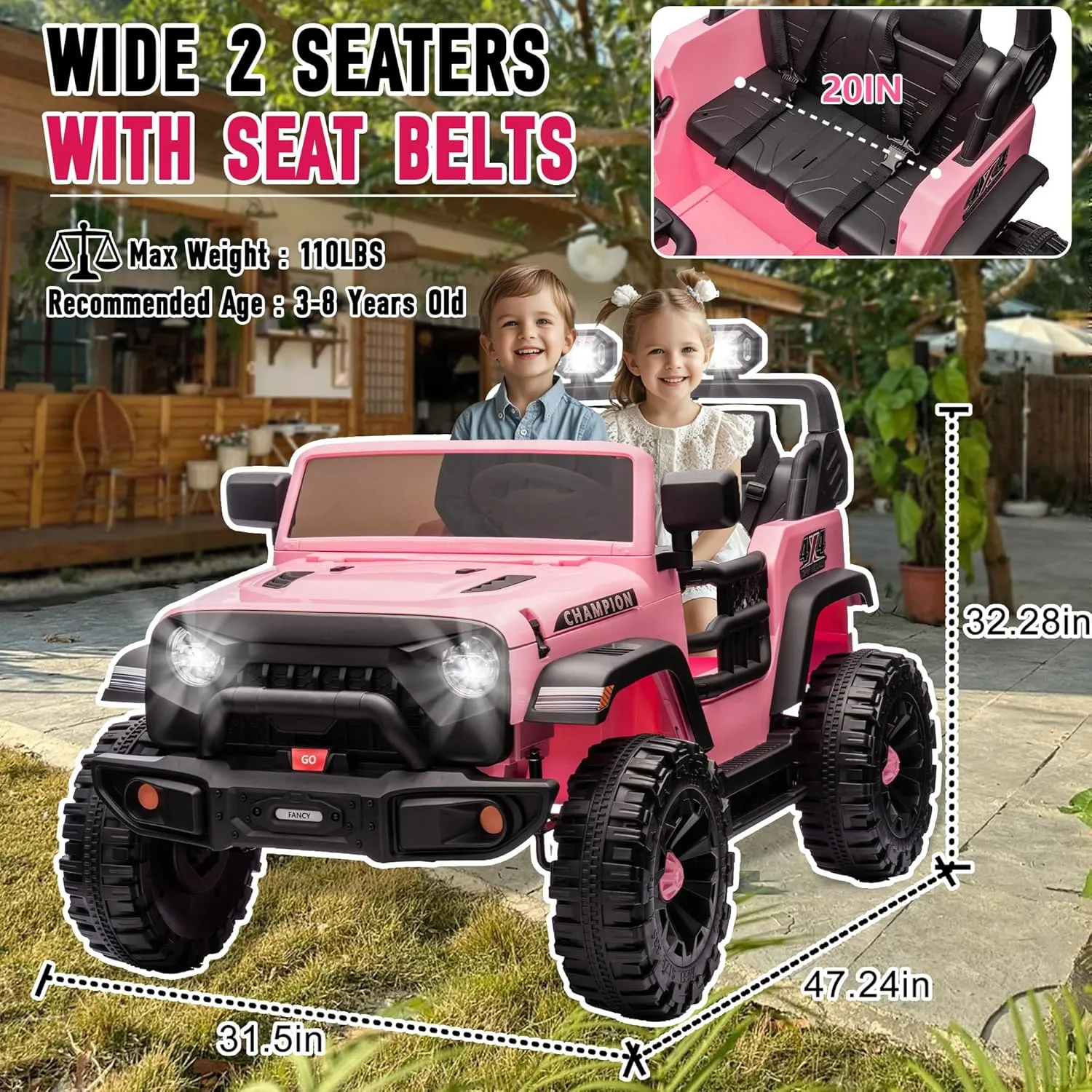 24V Two-Seater Ride on Jeep Car, 400W Motor Kids' Electric Vehicles W/Parents Control, Ride on Toys for Big Kids with Four-Wheels Suspension, Music, Bluetooth, USB, Headlights, Pink