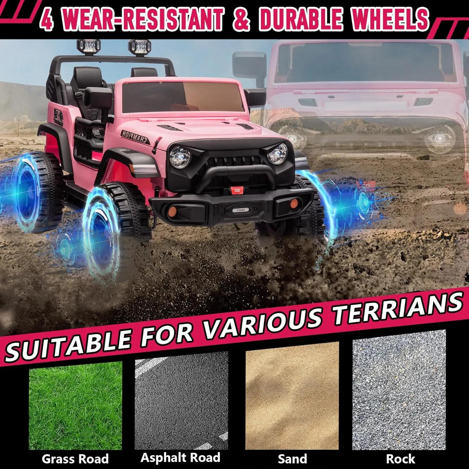 24V Two-Seater Ride on Jeep Car, 400W Motor Kids' Electric Vehicles W/Parents Control, Ride on Toys for Big Kids with Four-Wheels Suspension, Music, Bluetooth, USB, Headlights, Pink