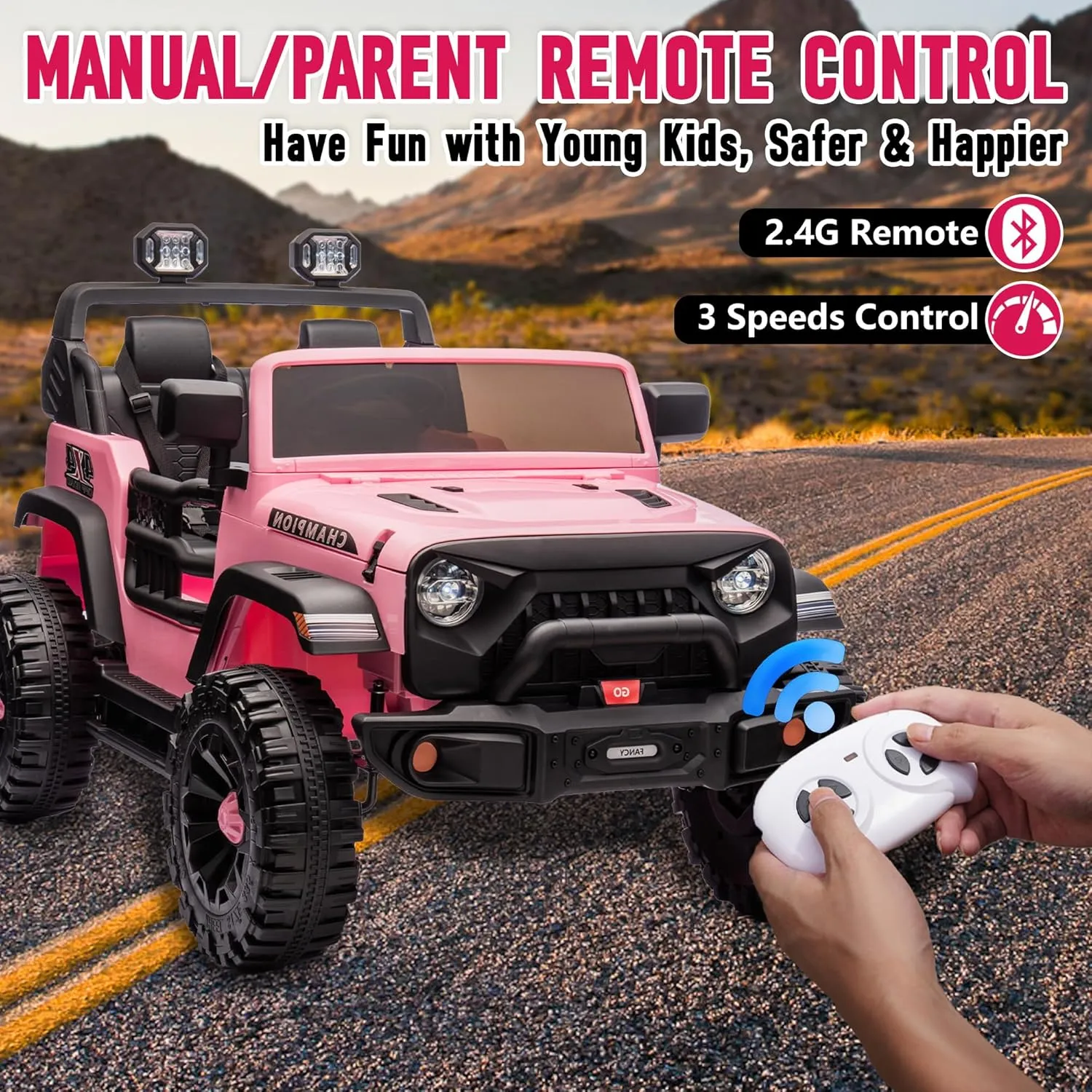 24V Two-Seater Ride on Jeep Car, 400W Motor Kids' Electric Vehicles W/Parents Control, Ride on Toys for Big Kids with Four-Wheels Suspension, Music, Bluetooth, USB, Headlights, Pink