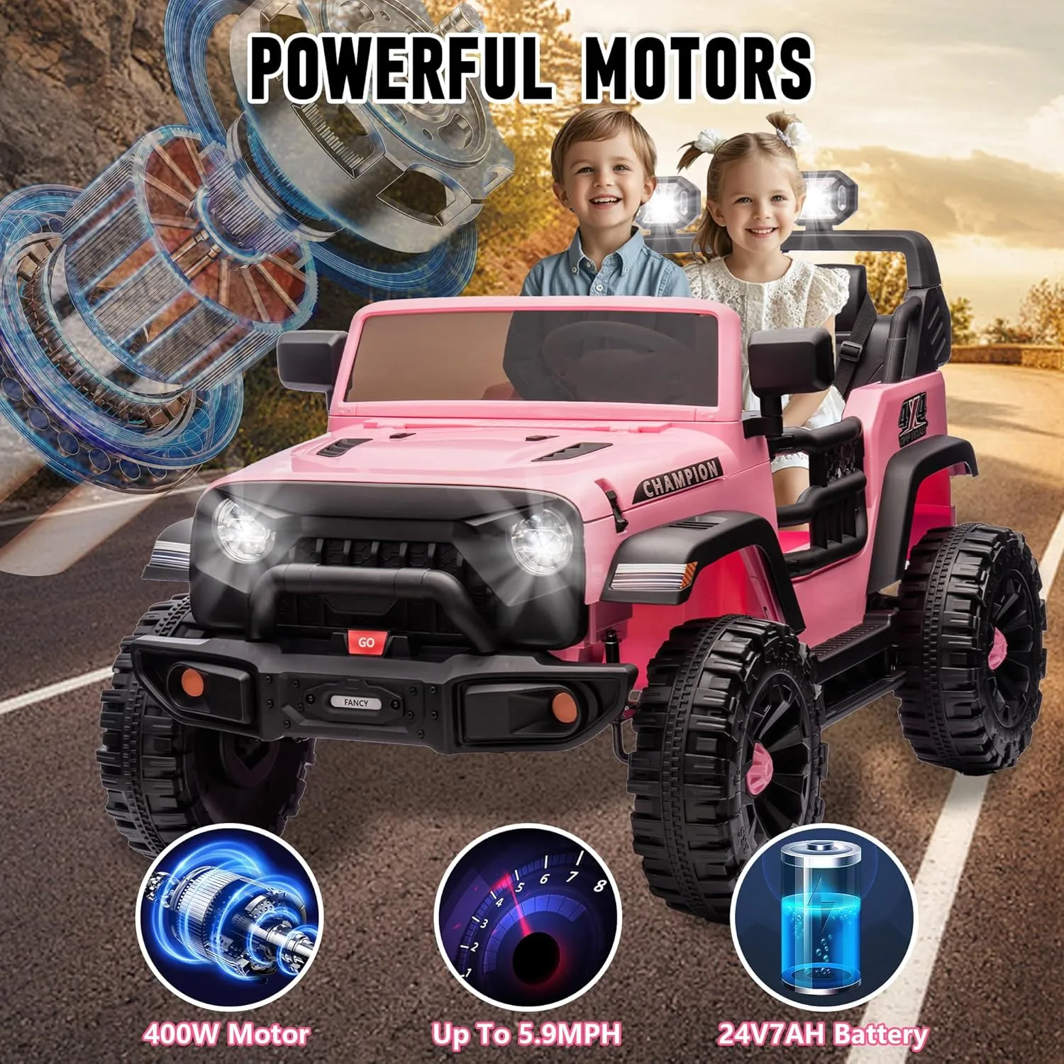 24V Two-Seater Ride on Jeep Car, 400W Motor Kids' Electric Vehicles W/Parents Control, Ride on Toys for Big Kids with Four-Wheels Suspension, Music, Bluetooth, USB, Headlights, Pink