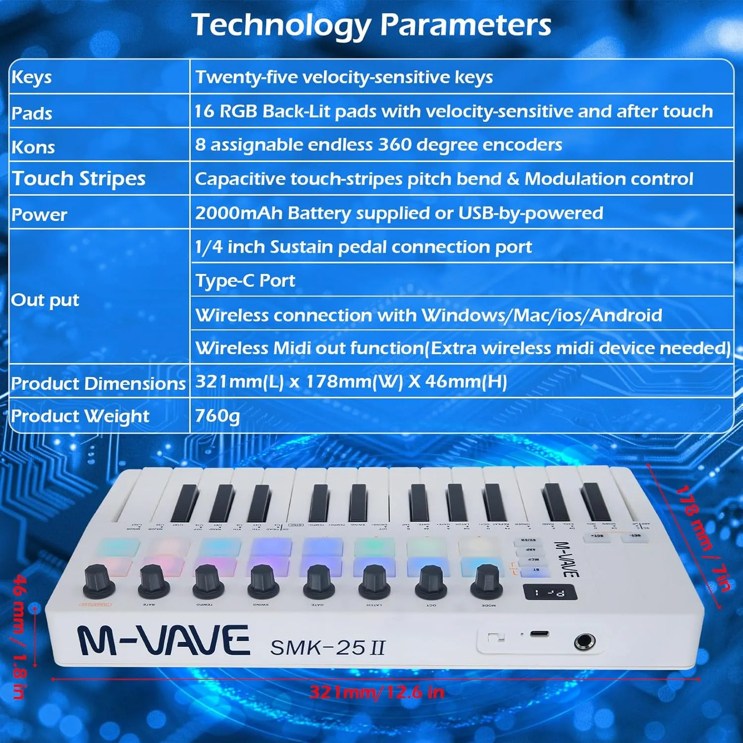 25 Keys 16 Backlit Drum Pads MIDI Keyboard – Professional Beat Maker and Keytar for Keyboard Music Production Builtin Battery Wireless Connect White
