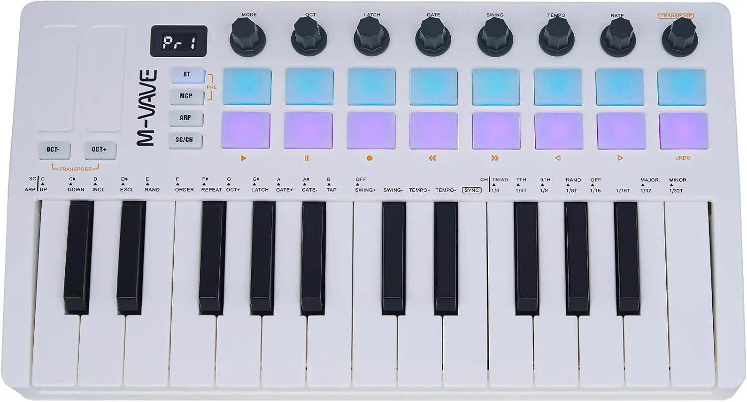 25 Keys 16 Backlit Drum Pads MIDI Keyboard – Professional Beat Maker and Keytar for Keyboard Music Production Builtin Battery Wireless Connect White