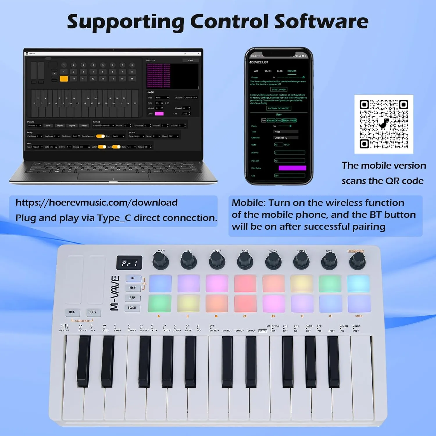 25 Keys 16 Backlit Drum Pads MIDI Keyboard – Professional Beat Maker and Keytar for Keyboard Music Production Builtin Battery Wireless Connect White