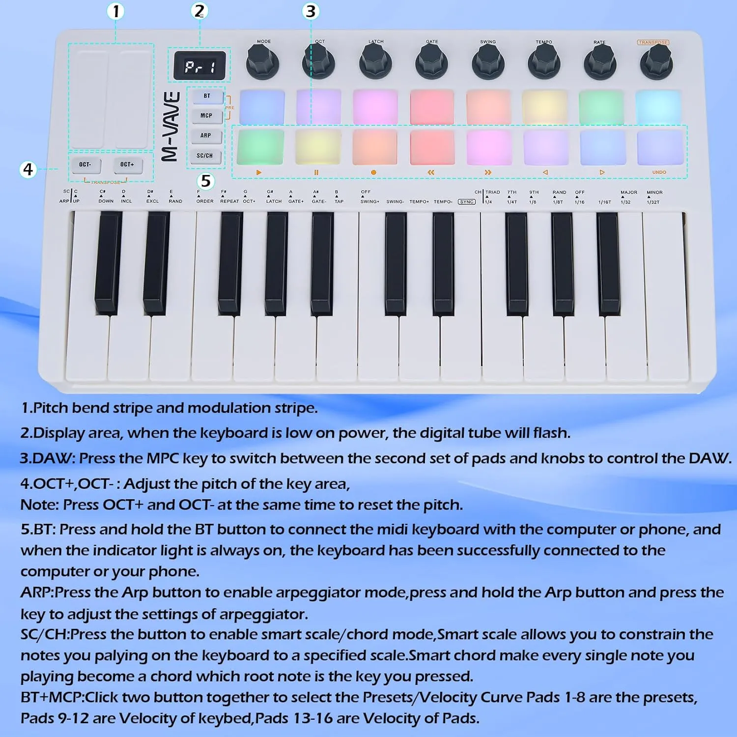 25 Keys 16 Backlit Drum Pads MIDI Keyboard – Professional Beat Maker and Keytar for Keyboard Music Production Builtin Battery Wireless Connect White