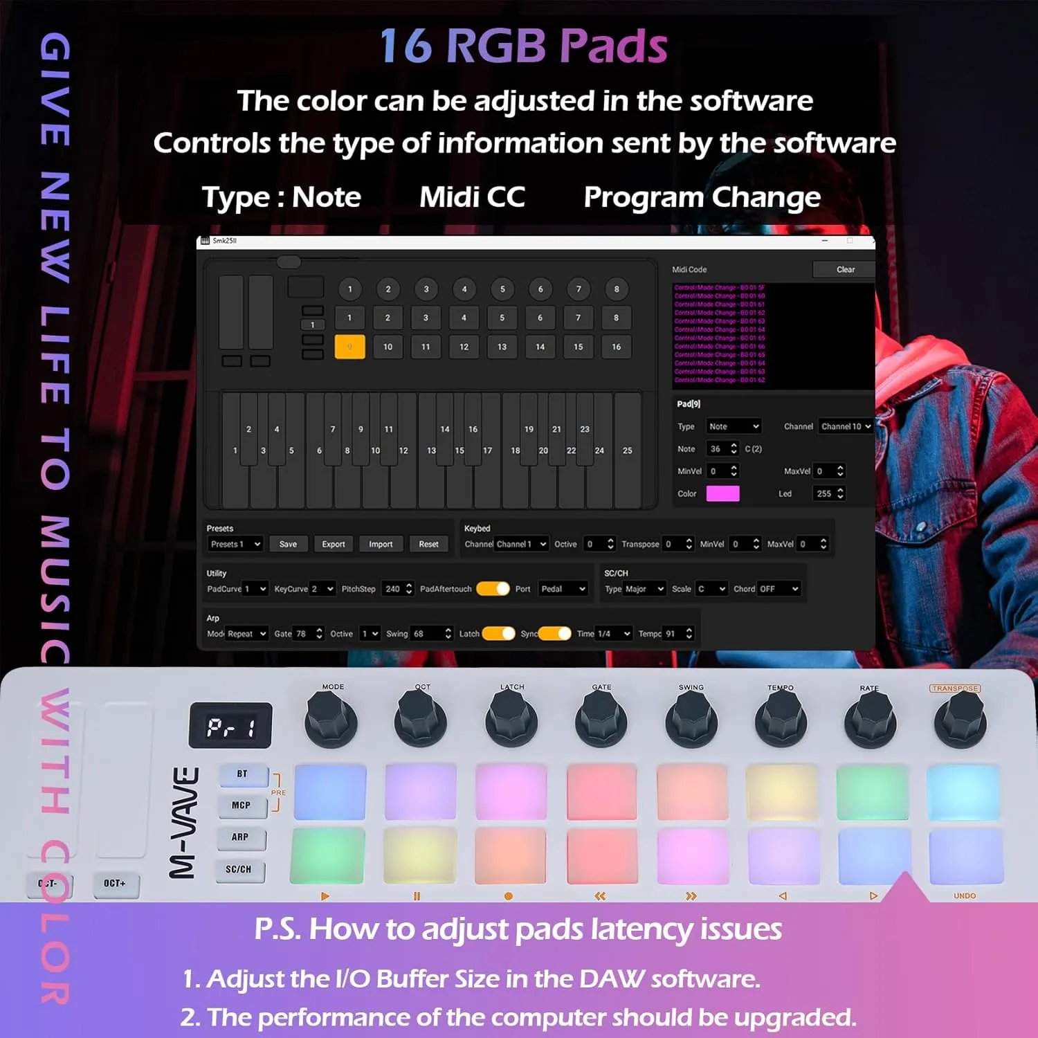 25 Keys 16 Backlit Drum Pads MIDI Keyboard – Professional Beat Maker and Keytar for Keyboard Music Production Builtin Battery Wireless Connect White