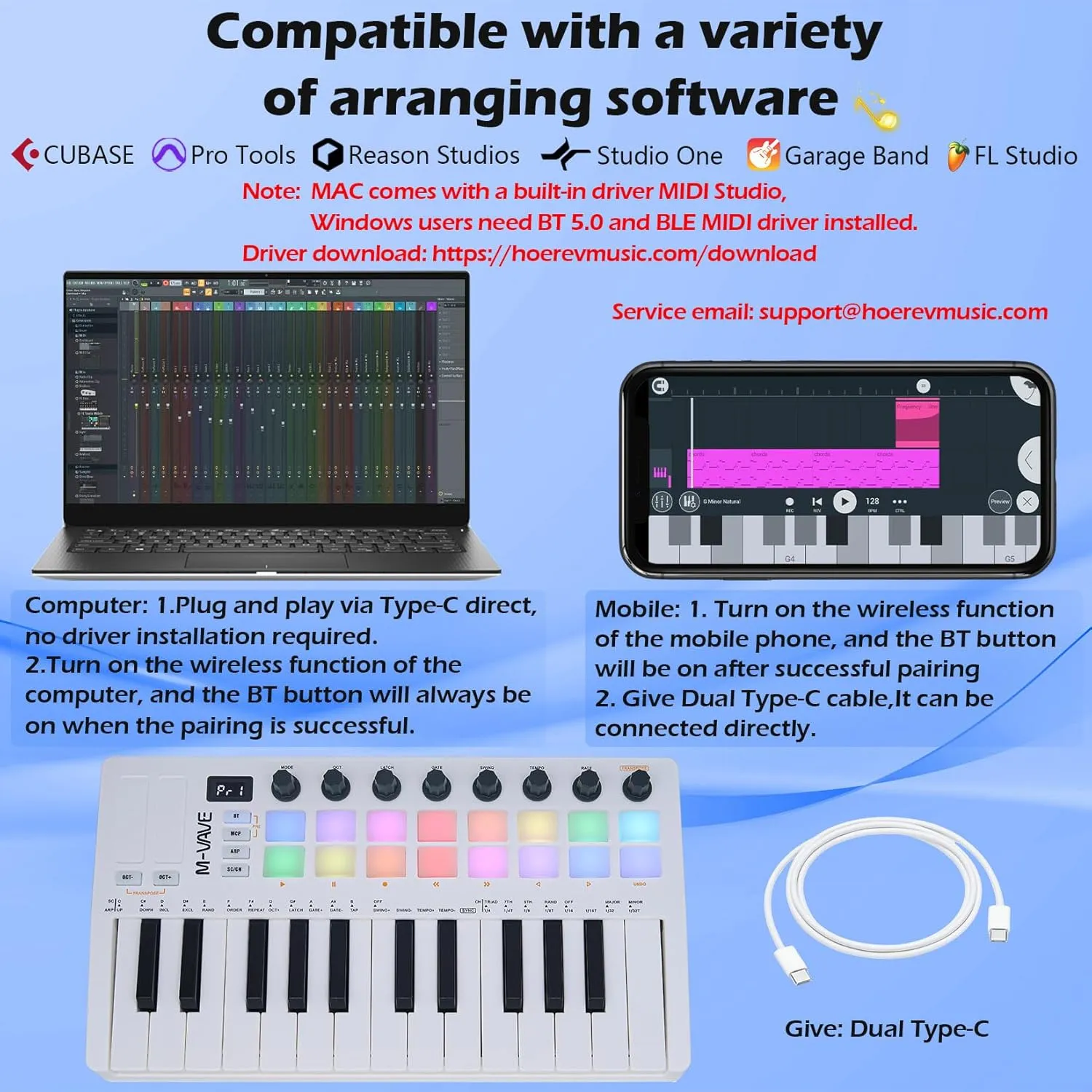 25 Keys 16 Backlit Drum Pads MIDI Keyboard – Professional Beat Maker and Keytar for Keyboard Music Production Builtin Battery Wireless Connect White
