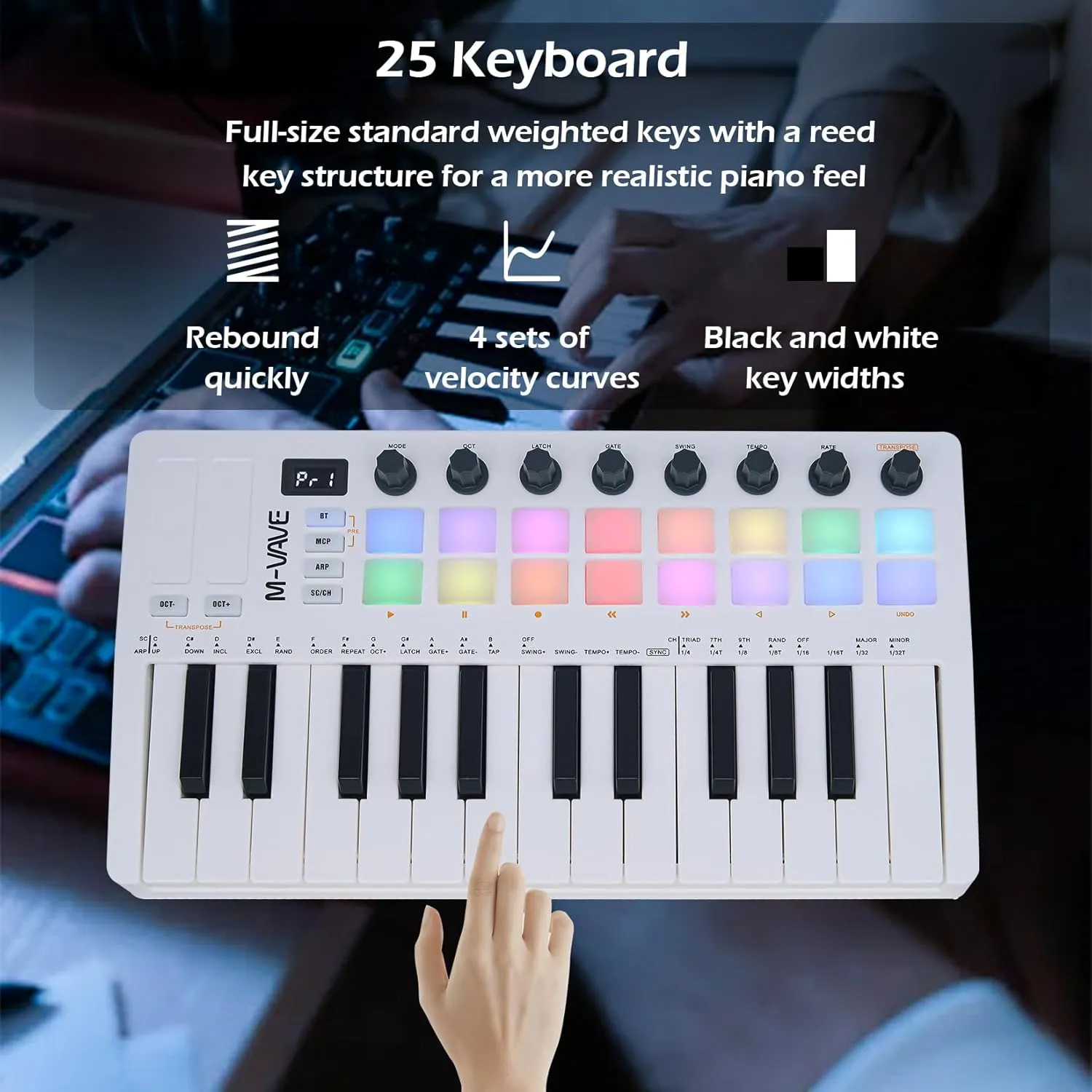 25 Keys 16 Backlit Drum Pads MIDI Keyboard – Professional Beat Maker and Keytar for Keyboard Music Production Builtin Battery Wireless Connect White