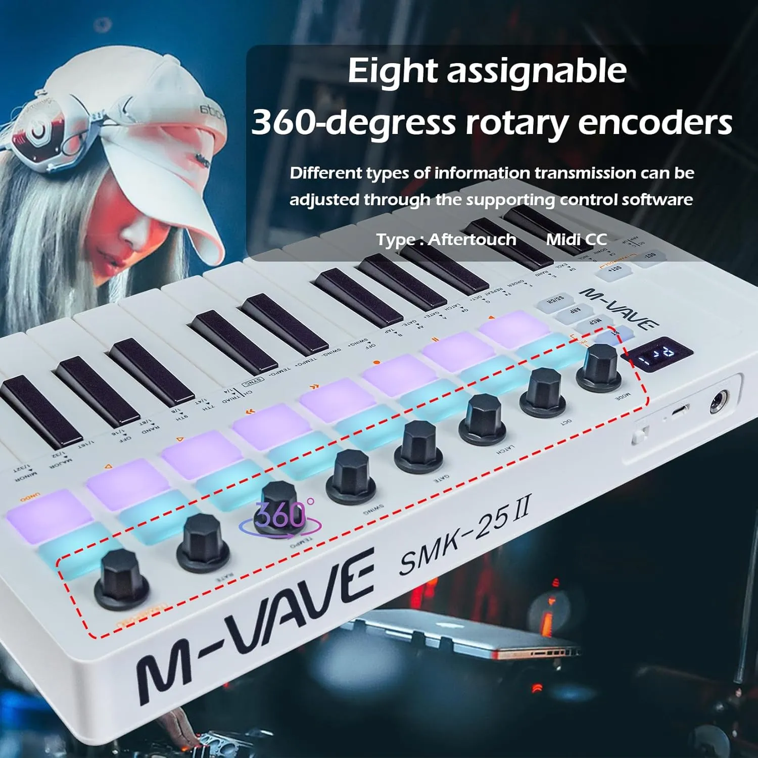 25 Keys 16 Backlit Drum Pads MIDI Keyboard – Professional Beat Maker and Keytar for Keyboard Music Production Builtin Battery Wireless Connect White