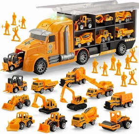 25 in 1 Construction Trucks Vehicle Toys for Toddlers Kids, Toy Construction Truck for Toddlers with Sounds and Lights, Die-cast Car Toys for 3 4 5 6 7 Year Old Toddlers Kids Boys Girls Birthday Gift