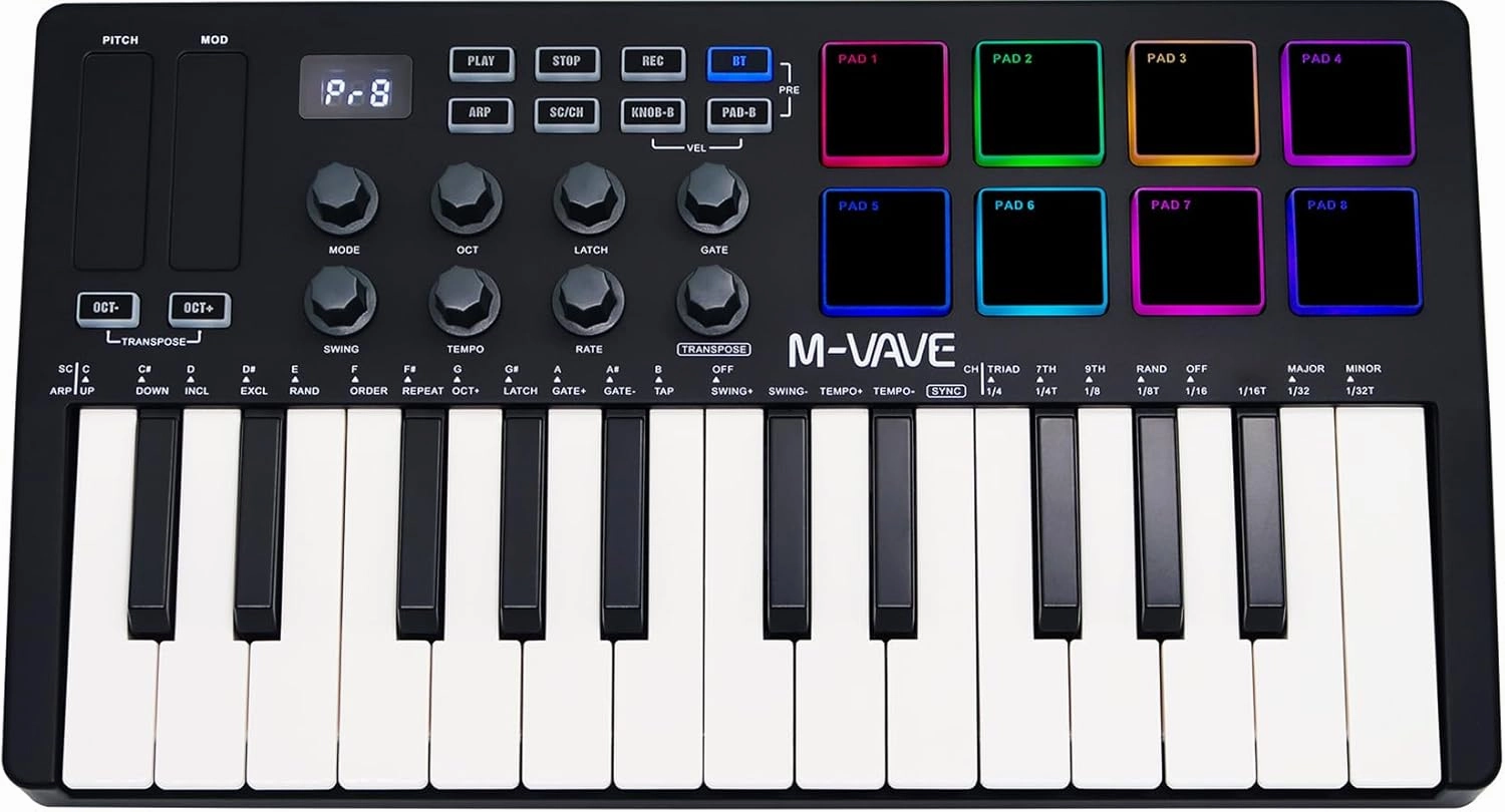 25 Keys 8 Backlit Drum Pads MIDI Keyboard – Professional Beat Maker and Keytar for Keyboard Music Production Builtin Battery Wireless Connect Black