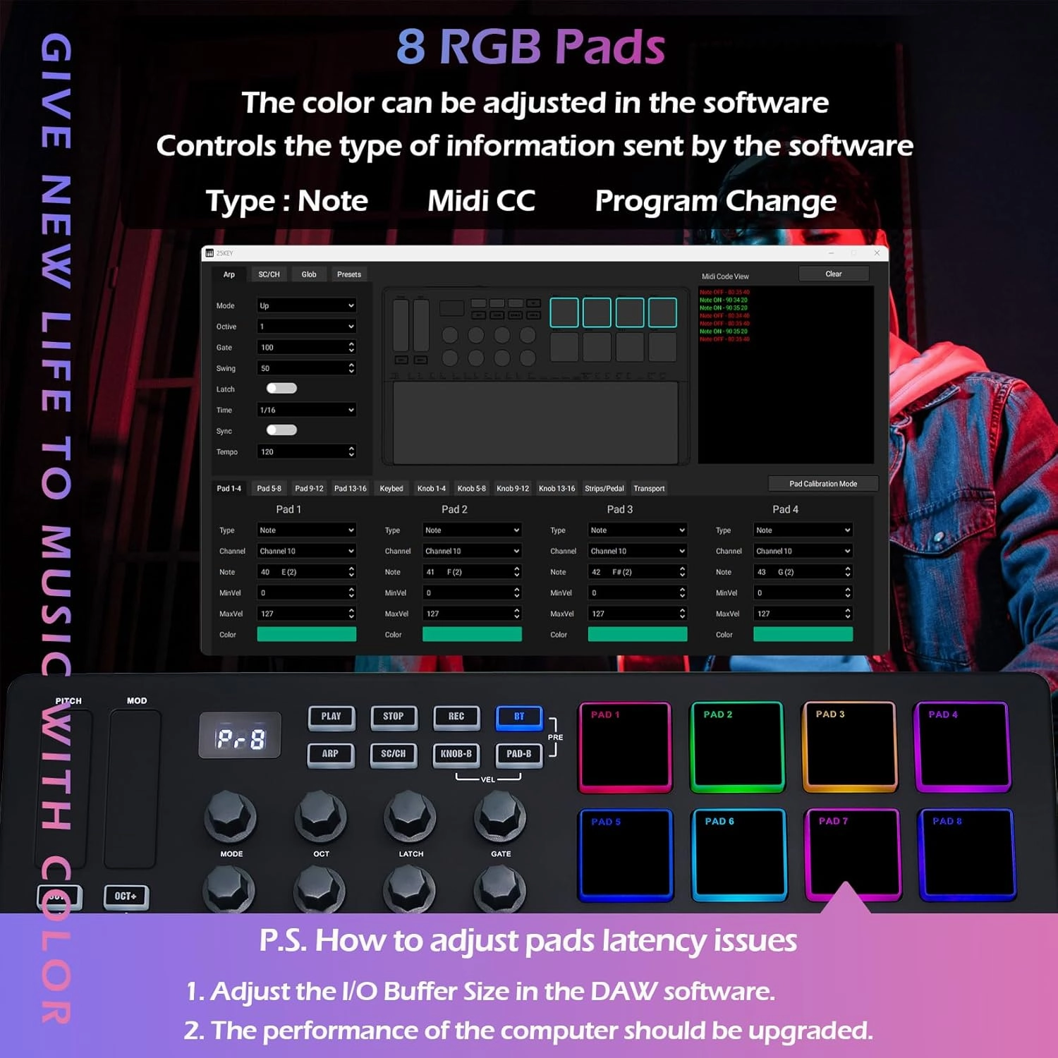 25 Keys 8 Backlit Drum Pads MIDI Keyboard – Professional Beat Maker and Keytar for Keyboard Music Production Builtin Battery Wireless Connect Black