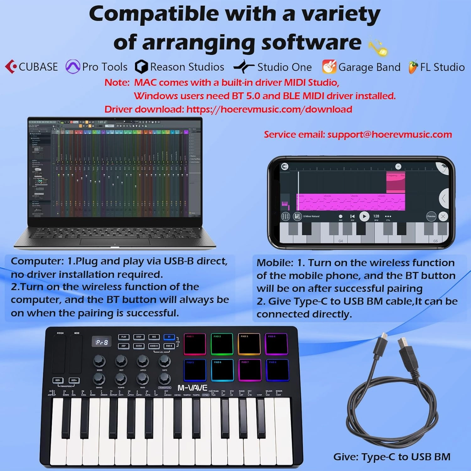 25 Keys 8 Backlit Drum Pads MIDI Keyboard – Professional Beat Maker and Keytar for Keyboard Music Production Builtin Battery Wireless Connect Black