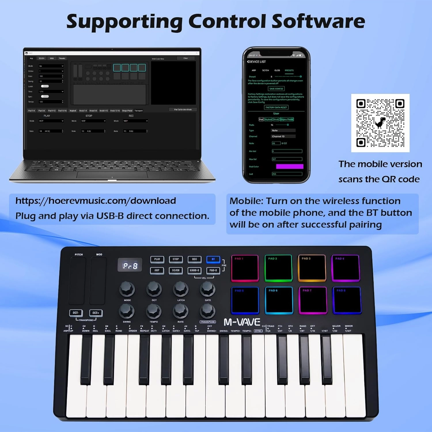 25 Keys 8 Backlit Drum Pads MIDI Keyboard – Professional Beat Maker and Keytar for Keyboard Music Production Builtin Battery Wireless Connect Black