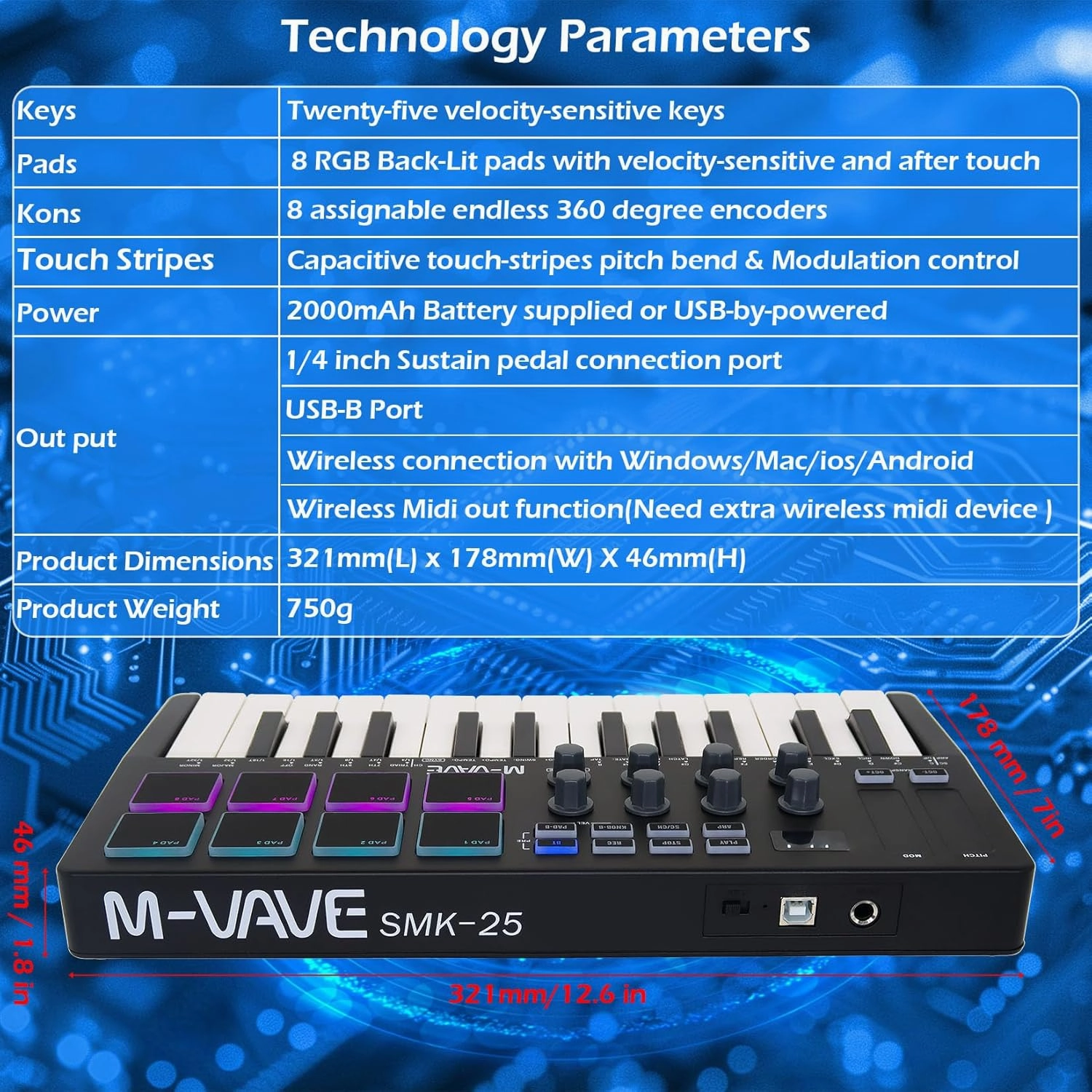 25 Keys 8 Backlit Drum Pads MIDI Keyboard – Professional Beat Maker and Keytar for Keyboard Music Production Builtin Battery Wireless Connect Black