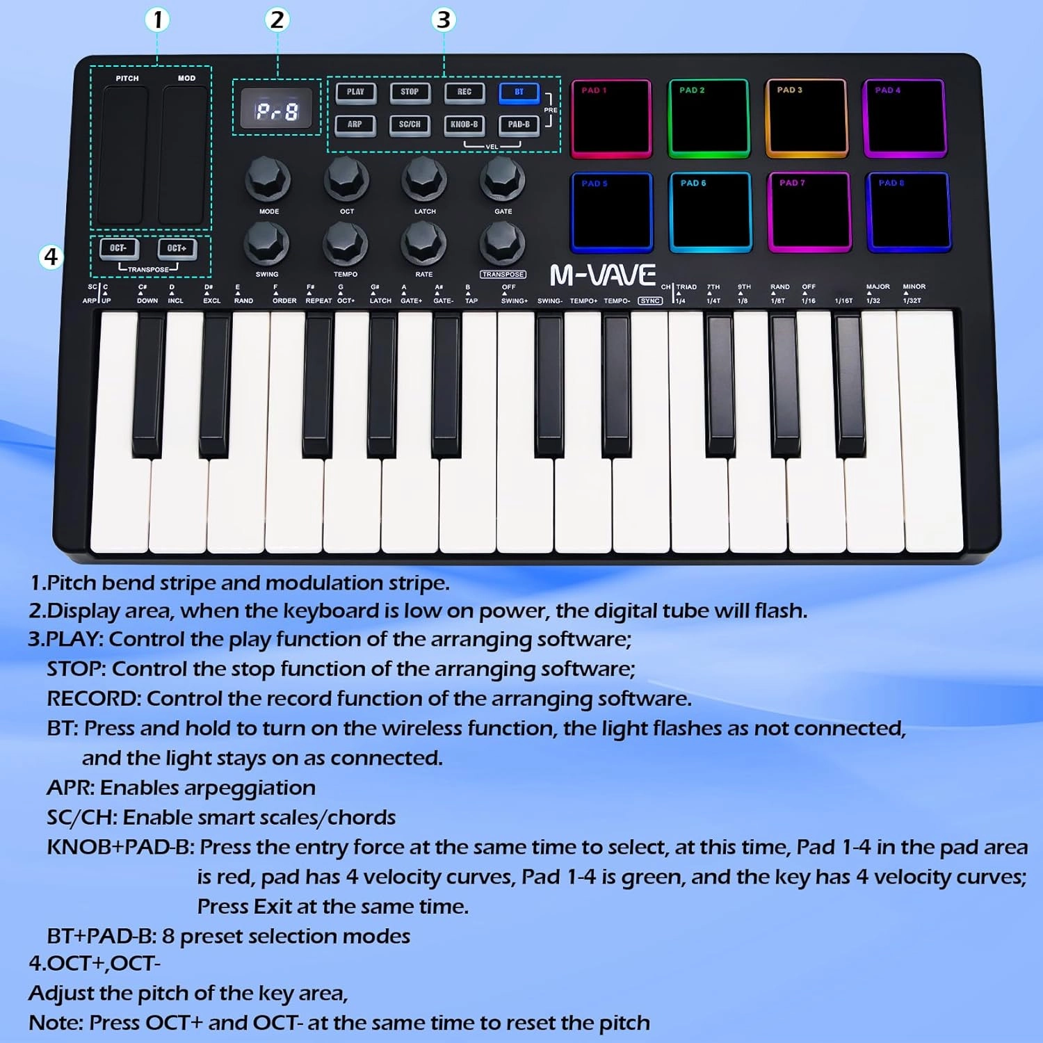 25 Keys 8 Backlit Drum Pads MIDI Keyboard – Professional Beat Maker and Keytar for Keyboard Music Production Builtin Battery Wireless Connect Black
