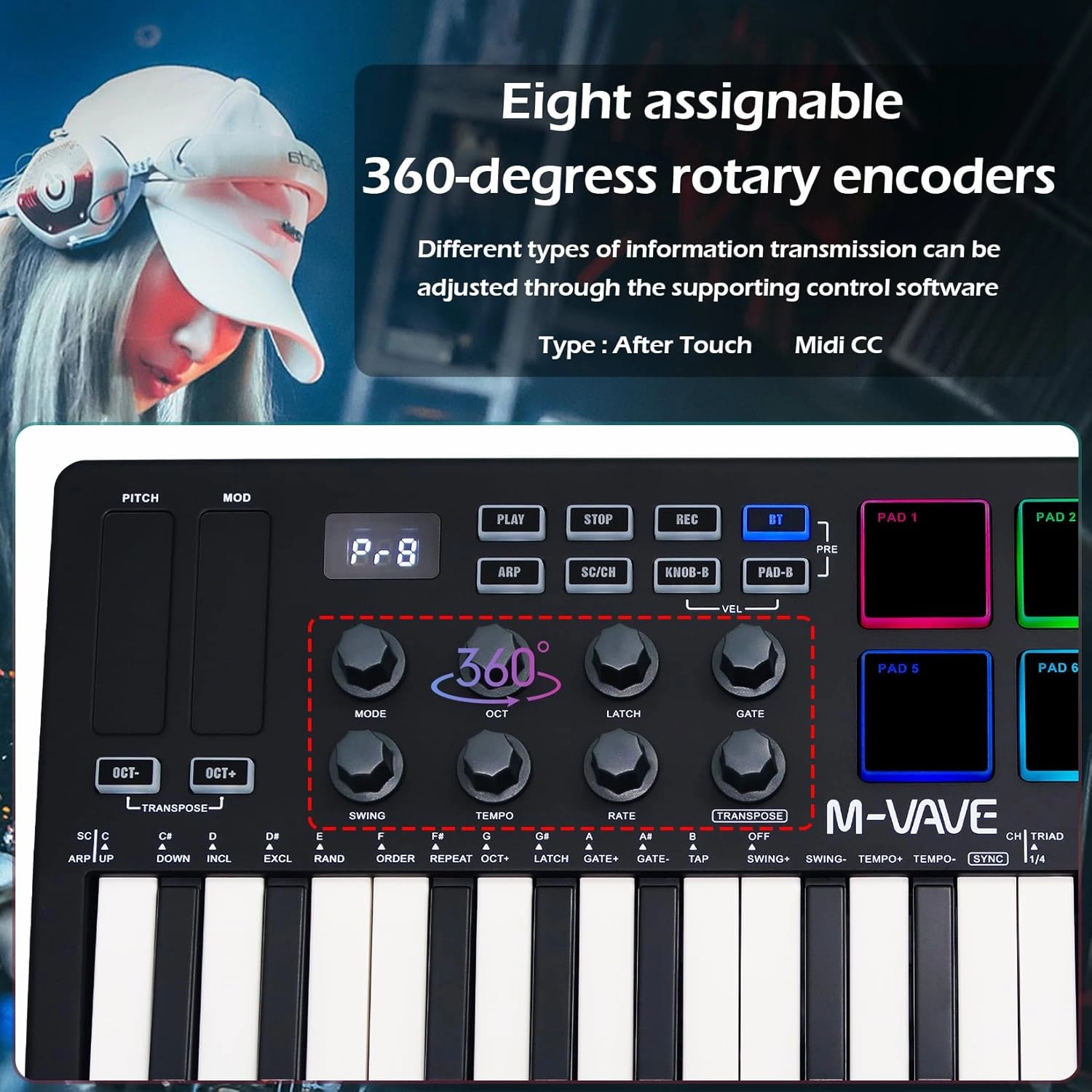 25 Keys 8 Backlit Drum Pads MIDI Keyboard – Professional Beat Maker and Keytar for Keyboard Music Production Builtin Battery Wireless Connect Black