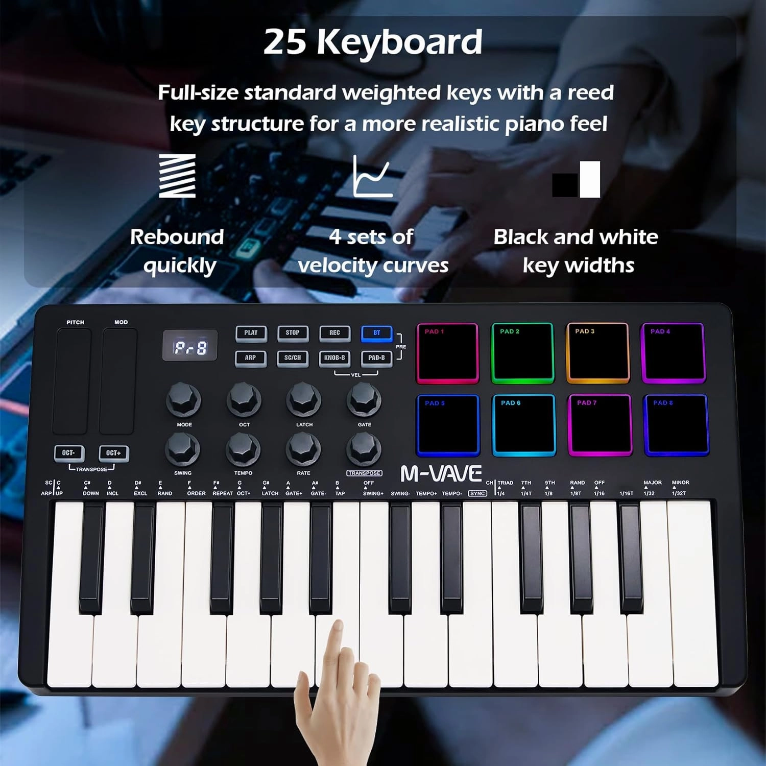 25 Keys 8 Backlit Drum Pads MIDI Keyboard – Professional Beat Maker and Keytar for Keyboard Music Production Builtin Battery Wireless Connect Black
