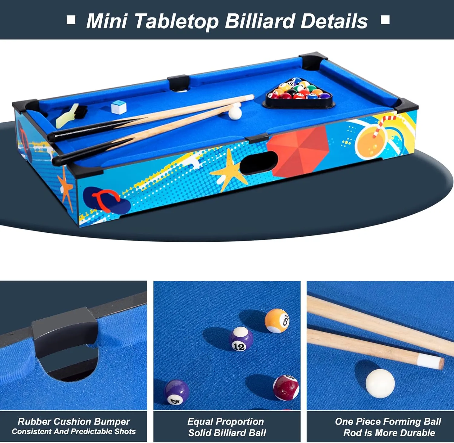 27" Mini Pool Table Set, Small Tabletop Pool Table, Portable Billiards Game Includes Small Billiards Balls, Pool Cues, Triangle Rack, Chalk, Brush for Family