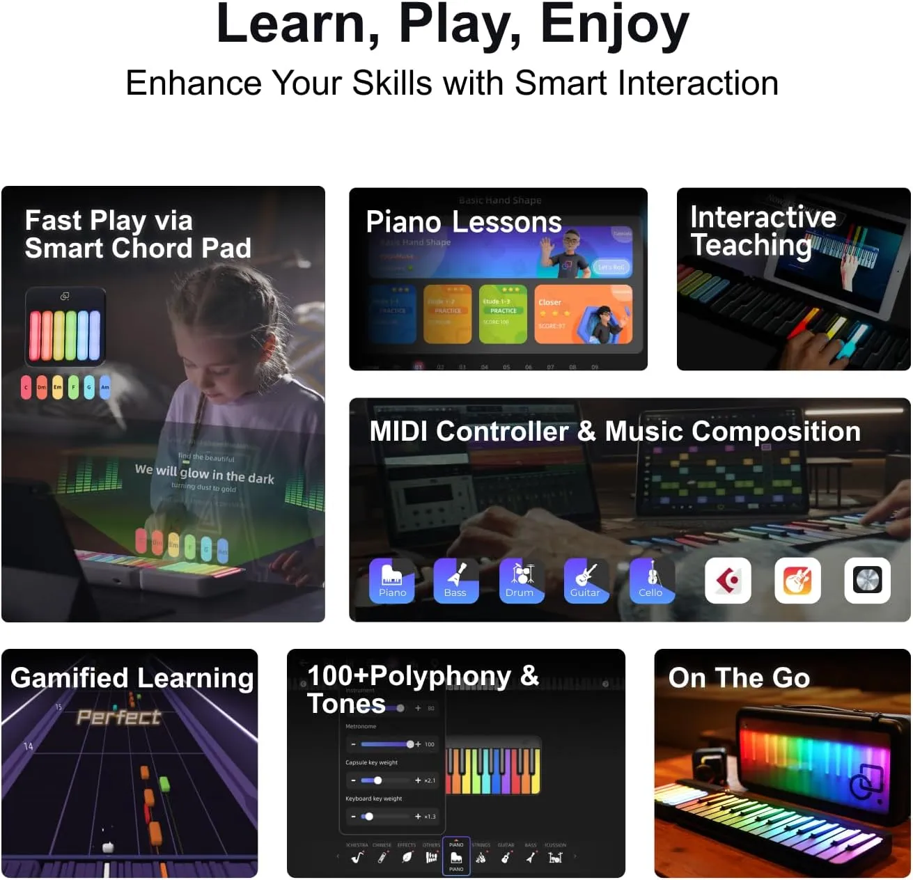 29-Key(Expandable to 88-Key) Smart Piano Keyboard with Speaker, Rainbow Lighting Keys, Beginner Lessons, 256 Tones, 100  Chords, Sustain Pedal Jack, and Electric Keyboard Piano Audio Input