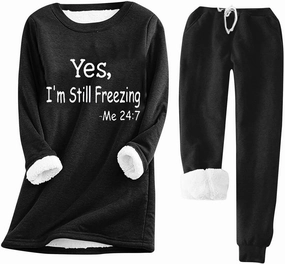 2 PCS Outfits Womens Fleece Sherpa Lined Sweatsuits Funny Long Sleeve Tops and Sweat Pants Winter Warm Tracksuit Set