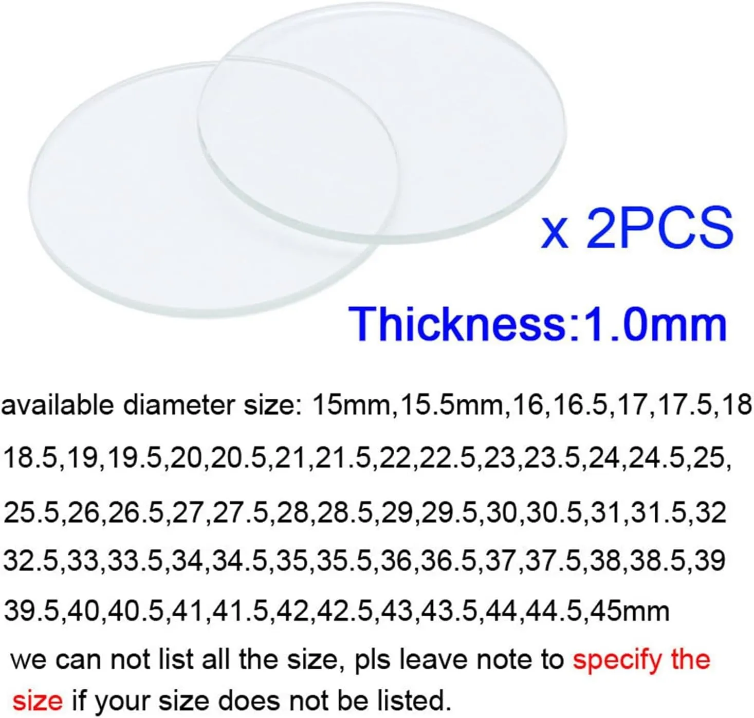 2PCS 1mm Round Watch Glass Crystal 15-45mm Smart Watch Replacement Glass Lens Flat Mirror Watchmaker Watch Repair Tool (Color : 40mm)