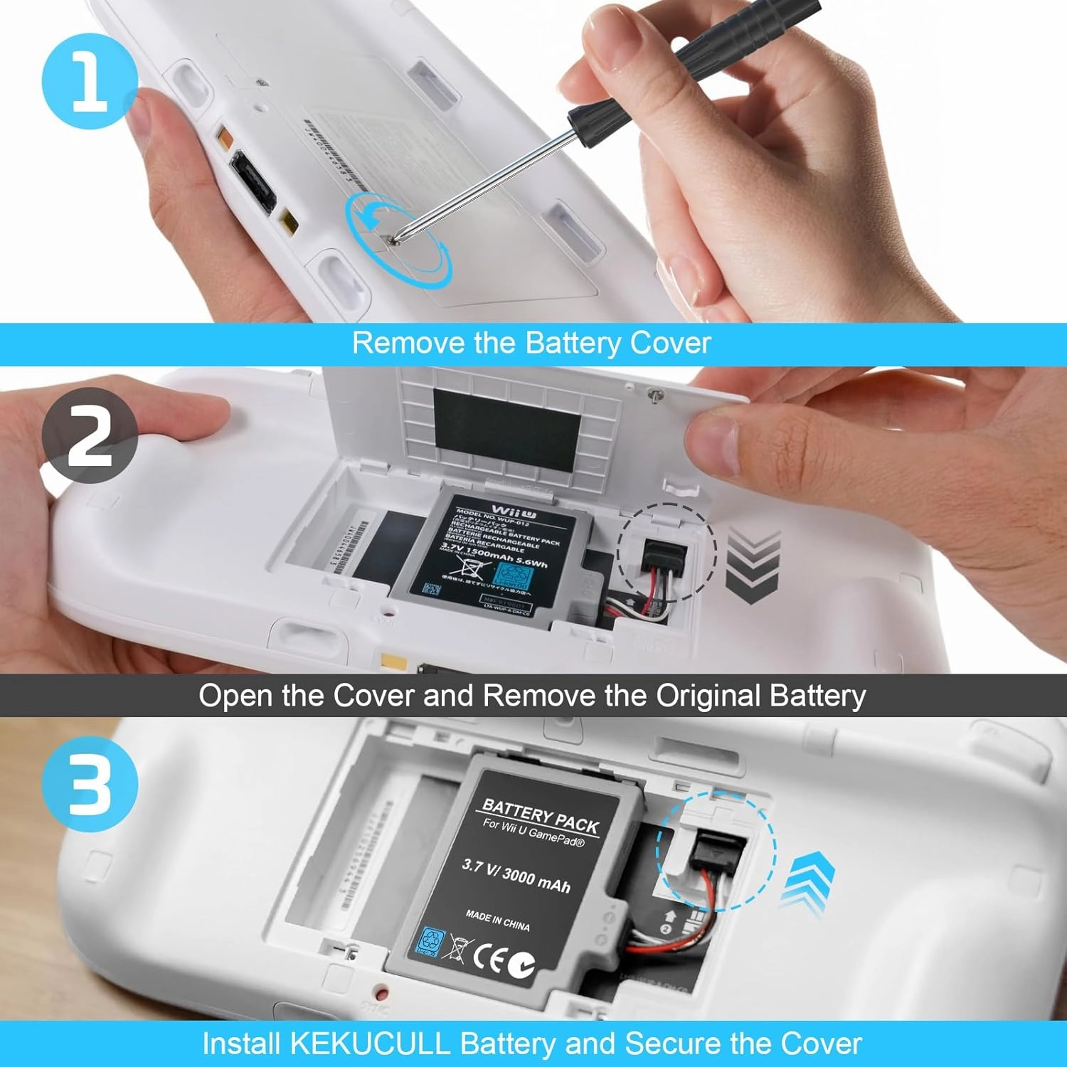 2Pcs Battery Pack for Wii U Gamepad, Rechargeable Battery Replacement with Screwdriver for Nintendo Wii U Gamepad WUP-012, WUP-010