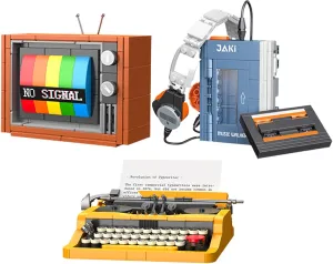 3 in 1 Vintage Model Building Set for Adults Girls Boys 10 , Retro Typewriter Walkman Television Collectible and Display Model Home Office Decor, Creative Birthday Gifts (660 Pieces)