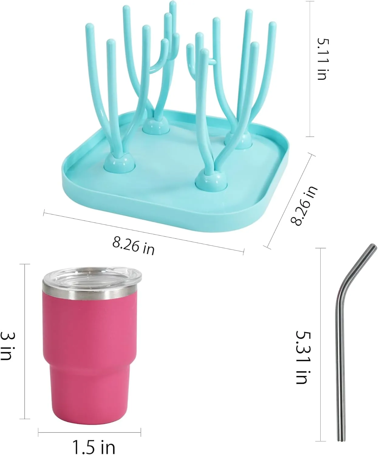3 oz Stainless Steel Shot Glasses with Straw, Lid & Blue Drying Rack - 36 Pcs Mini Tumblers for Wedding Party, Whiskey Cocktail Bar