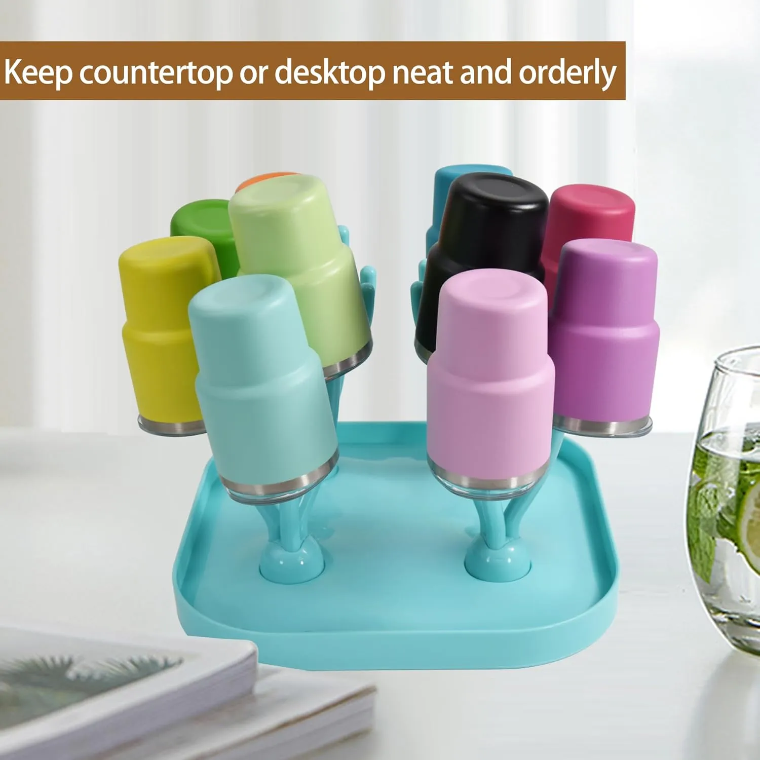 3 oz Stainless Steel Shot Glasses with Straw, Lid & Blue Drying Rack - 36 Pcs Mini Tumblers for Wedding Party, Whiskey Cocktail Bar