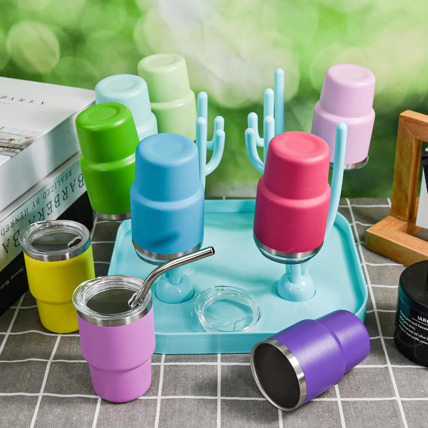 3 oz Stainless Steel Shot Glasses with Straw, Lid & Blue Drying Rack - 36 Pcs Mini Tumblers for Wedding Party, Whiskey Cocktail Bar
