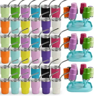 3 oz Stainless Steel Shot Glasses with Straw, Lid & Blue Drying Rack - 36 Pcs Mini Tumblers for Wedding Party, Whiskey Cocktail Bar