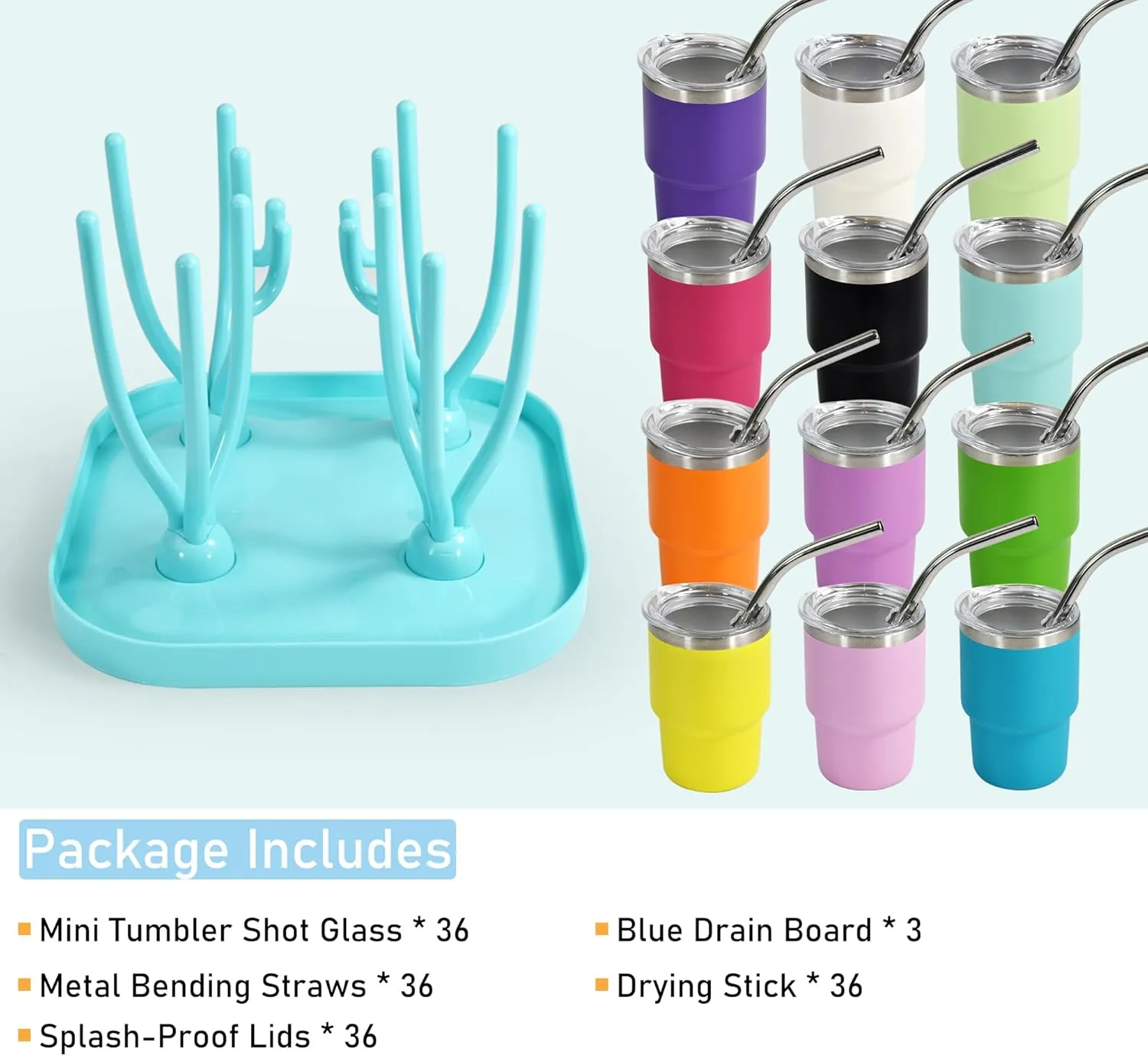 3 oz Stainless Steel Shot Glasses with Straw, Lid & Blue Drying Rack - 36 Pcs Mini Tumblers for Wedding Party, Whiskey Cocktail Bar