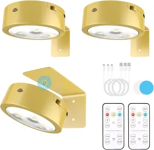 3 Pack Picture Lights for Wall, Rechargeable Battery Operated wall lights, Picture Frame lights with 3 Lighting Modes, Wireless Magnetic Painting Light with Remote Control Timer (Golden, 3 Pack)