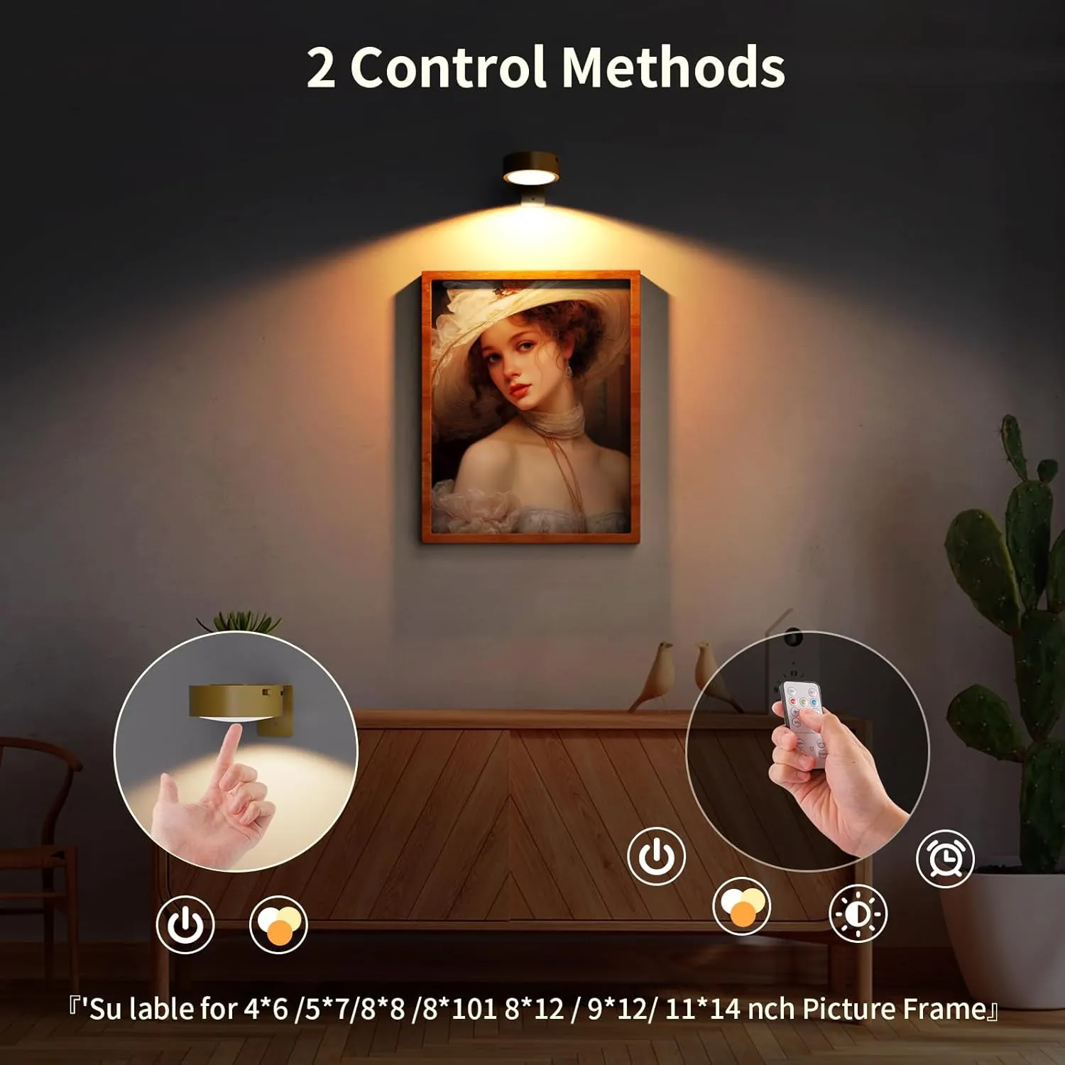 3 Pack Picture Lights for Wall, Rechargeable Battery Operated wall lights, Picture Frame lights with 3 Lighting Modes, Wireless Magnetic Painting Light with Remote Control Timer (Golden, 3 Pack)